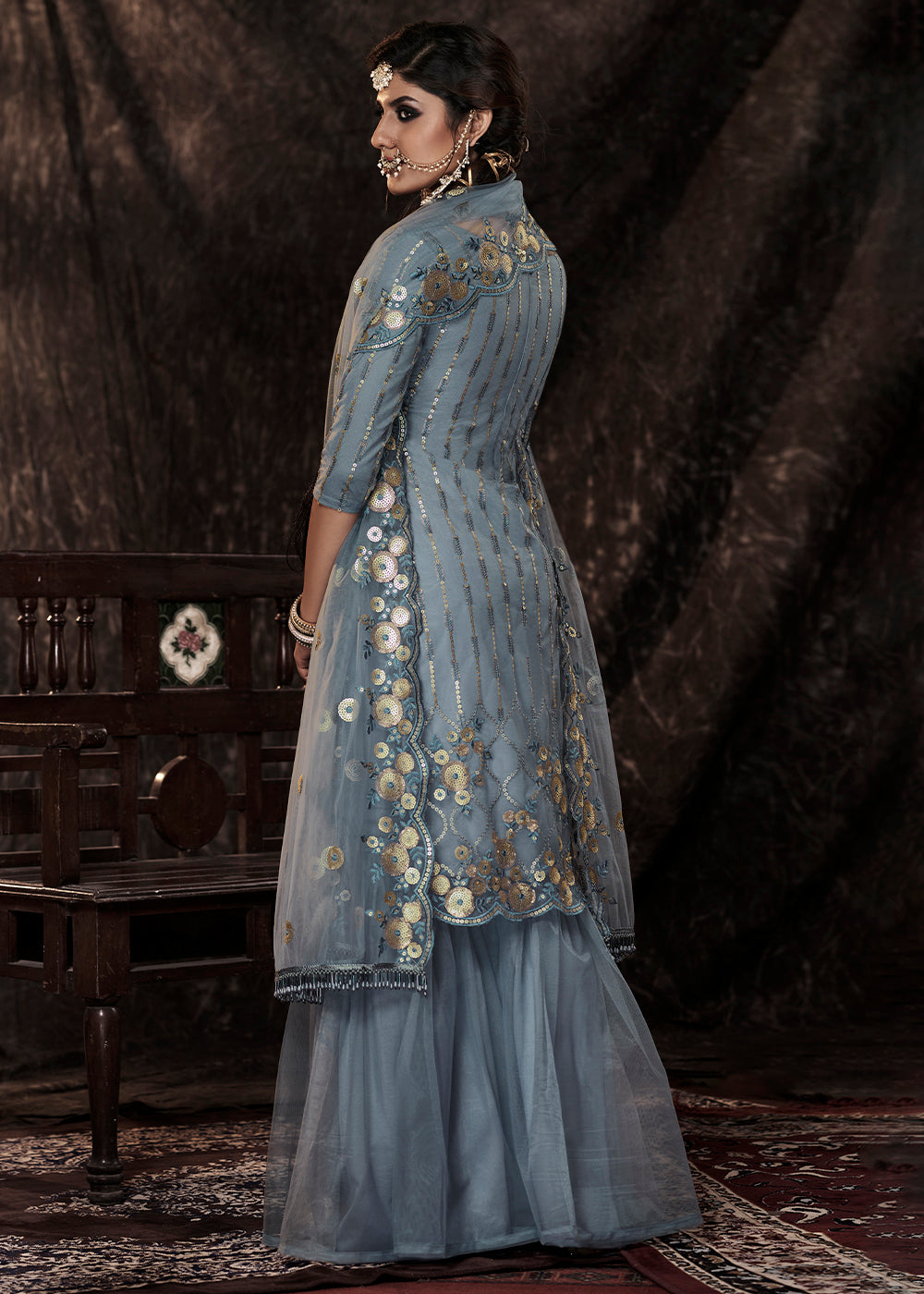 Slate Grey Designer Soft Net Sharara Suit with Sequin work - qivii