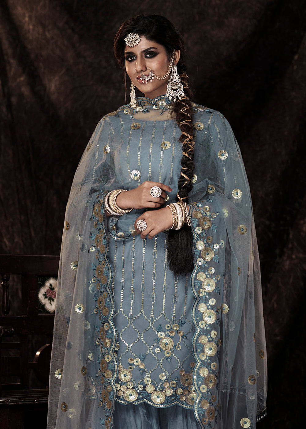 Slate Grey Designer Soft Net Sharara Suit with Sequin work - qivii