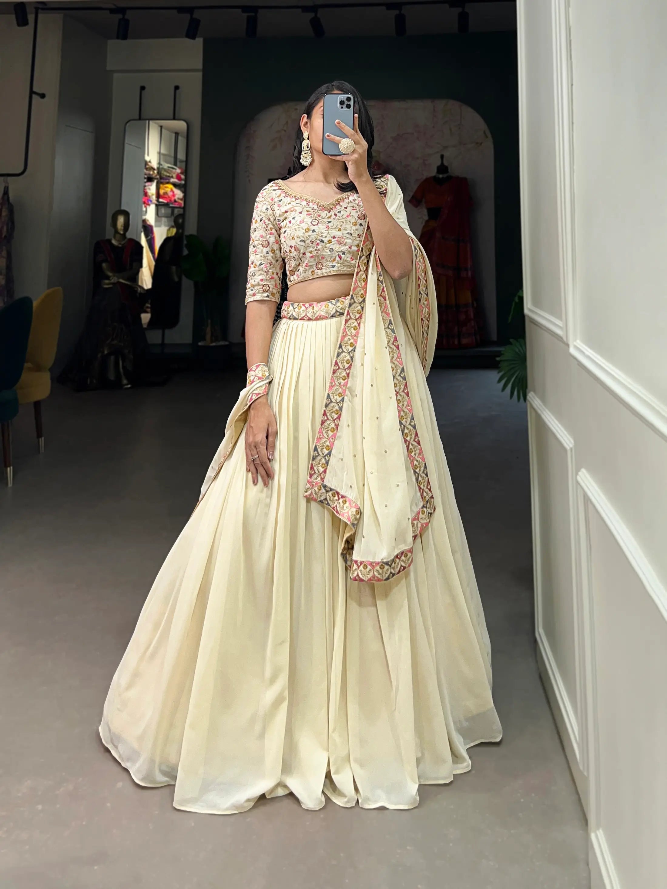 Off White Georgette Sequence & Thread Embroidery Lehenga Choli | Ready To Wear - qivii