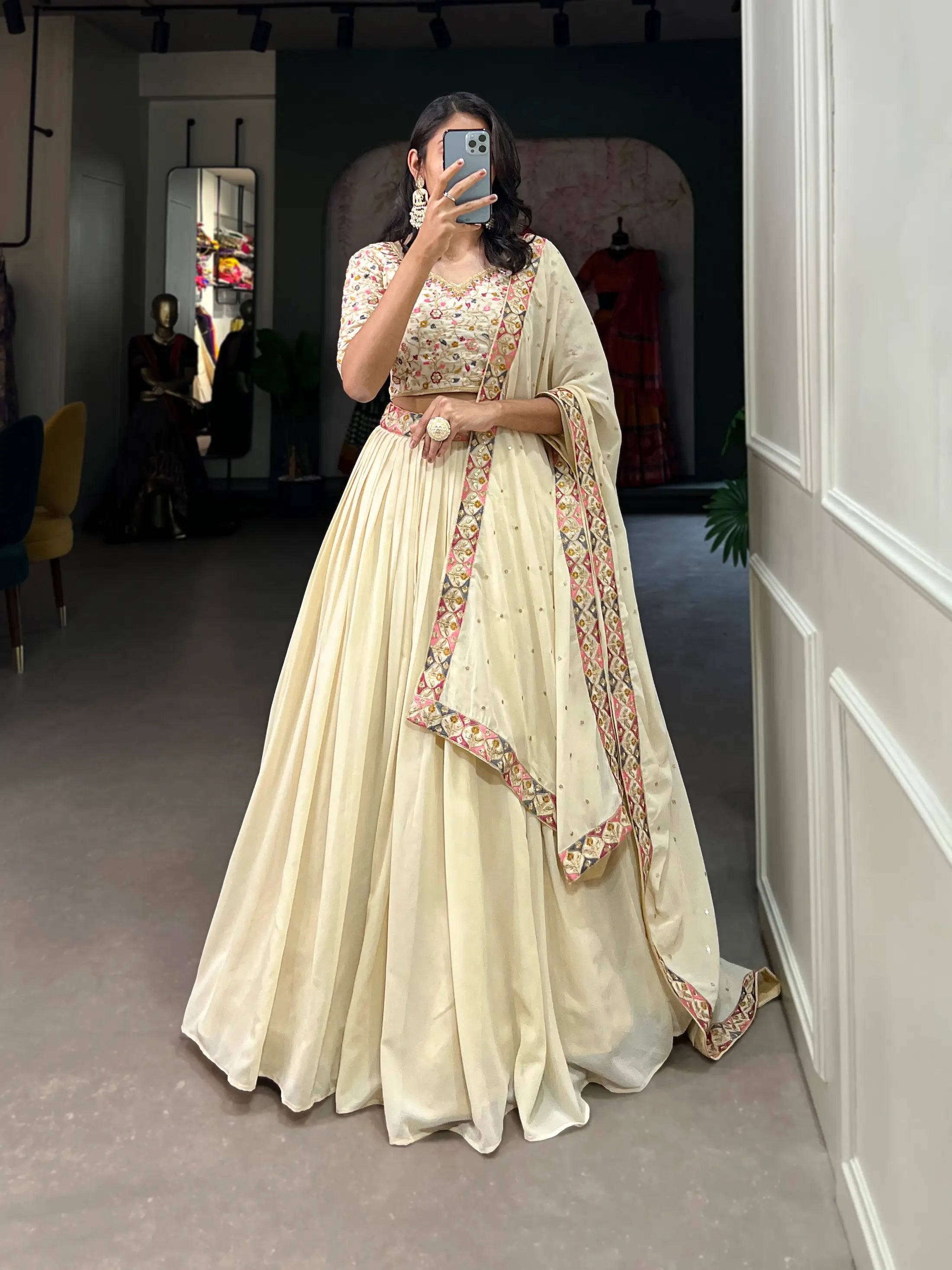 Off White Georgette Sequence & Thread Embroidery Lehenga Choli | Ready To Wear - qivii