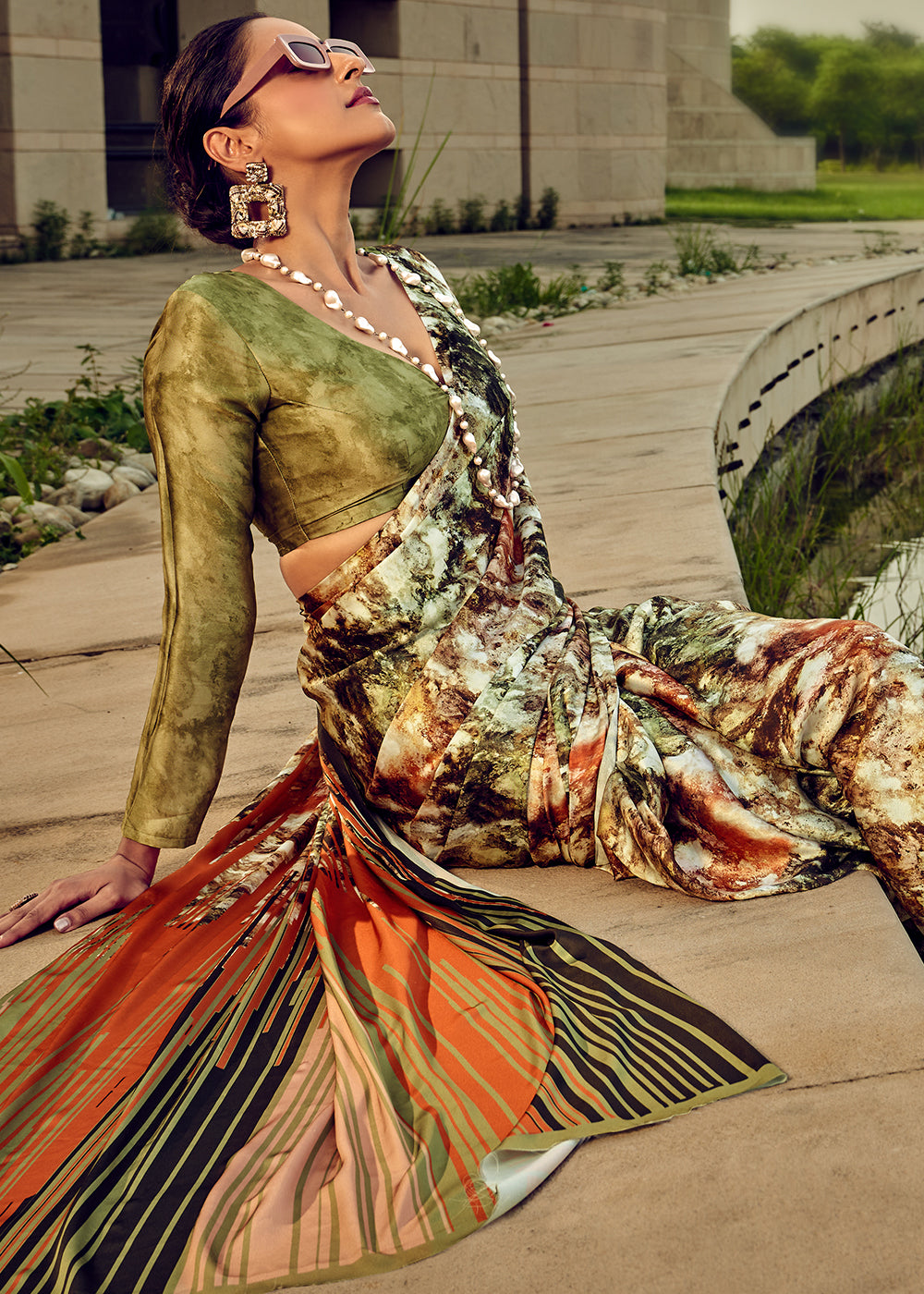 Avocado Green Digital Printed Satin Silk Saree - qivii