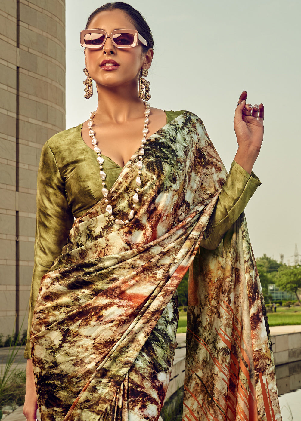 Avocado Green Digital Printed Satin Silk Saree - qivii