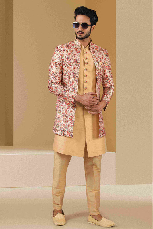 Men's Gold Maroon Art Banarasi Embroidery Indo Western Set