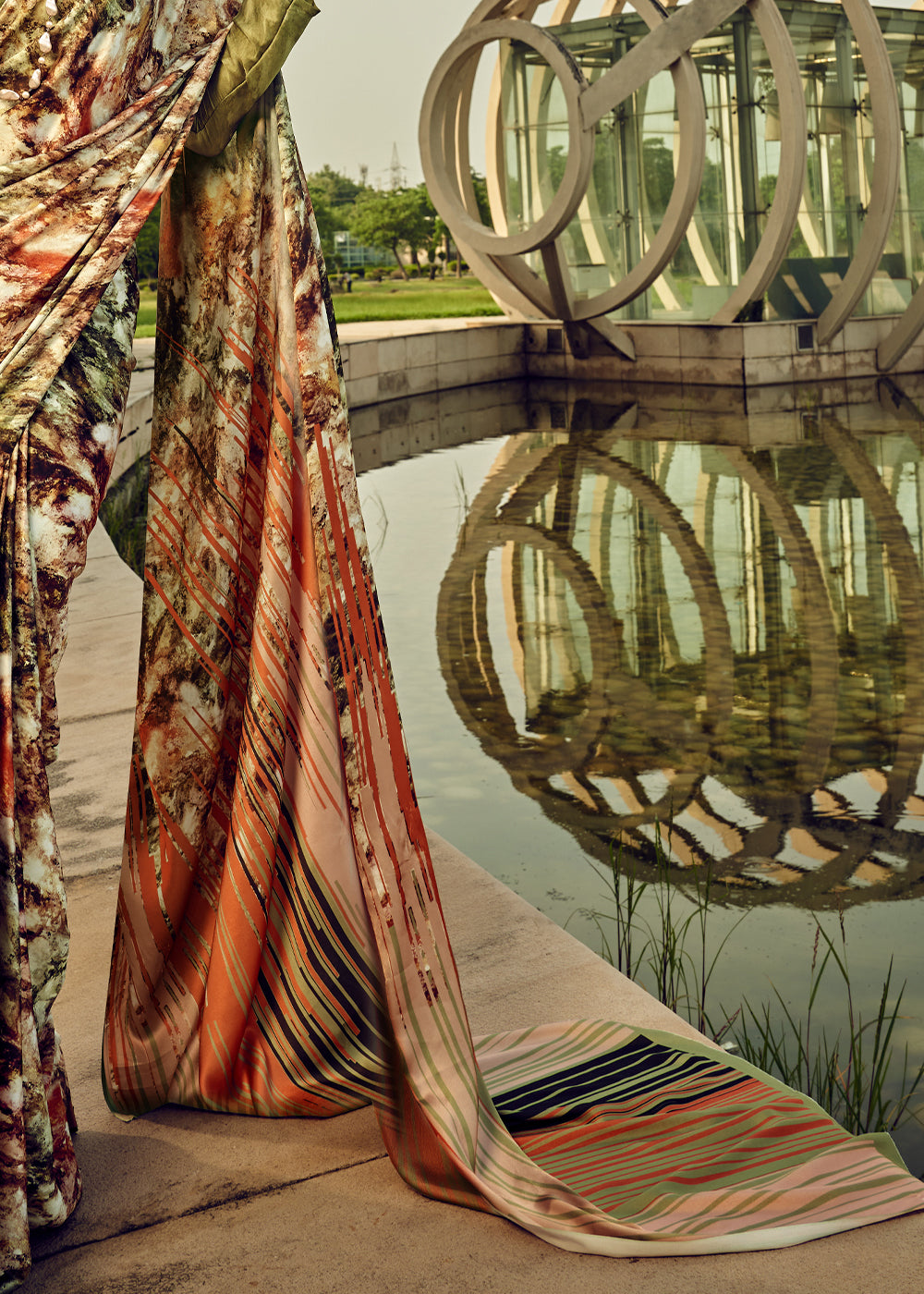 Avocado Green Digital Printed Satin Silk Saree - qivii