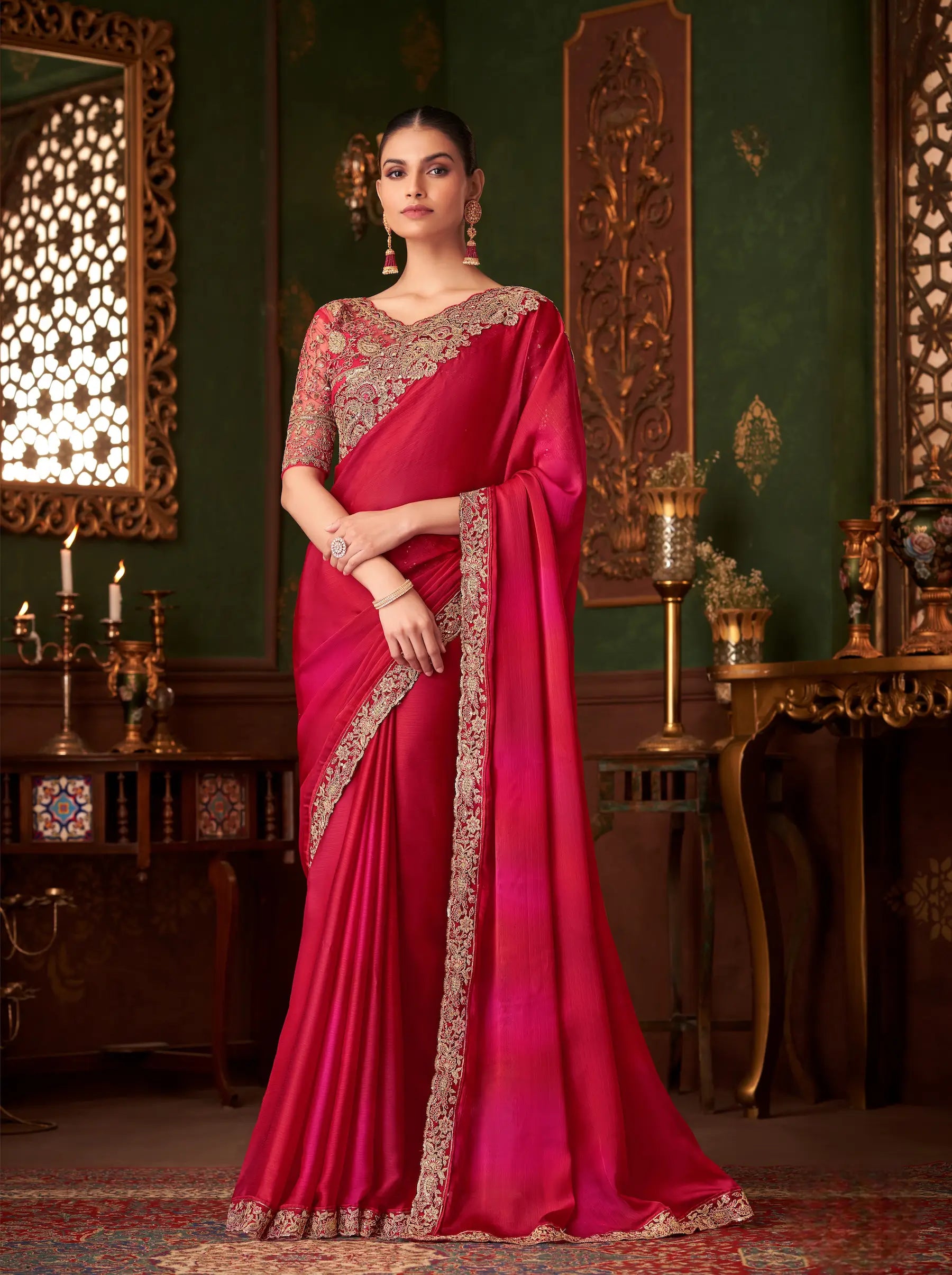 Red Shaded Chiffon Party Wear Saree With Thread & Sequence Embroidery Work - qivii