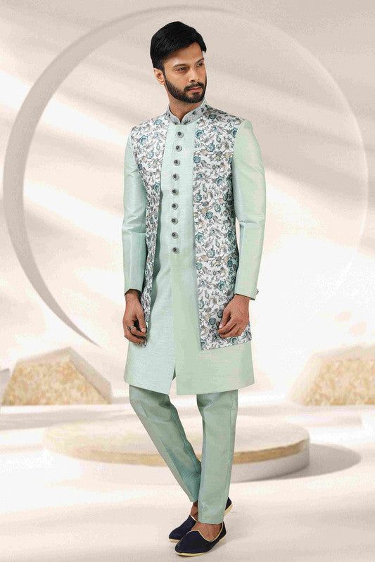 Men's Pista Green Art Banarasi Embroidery Indo Western Set