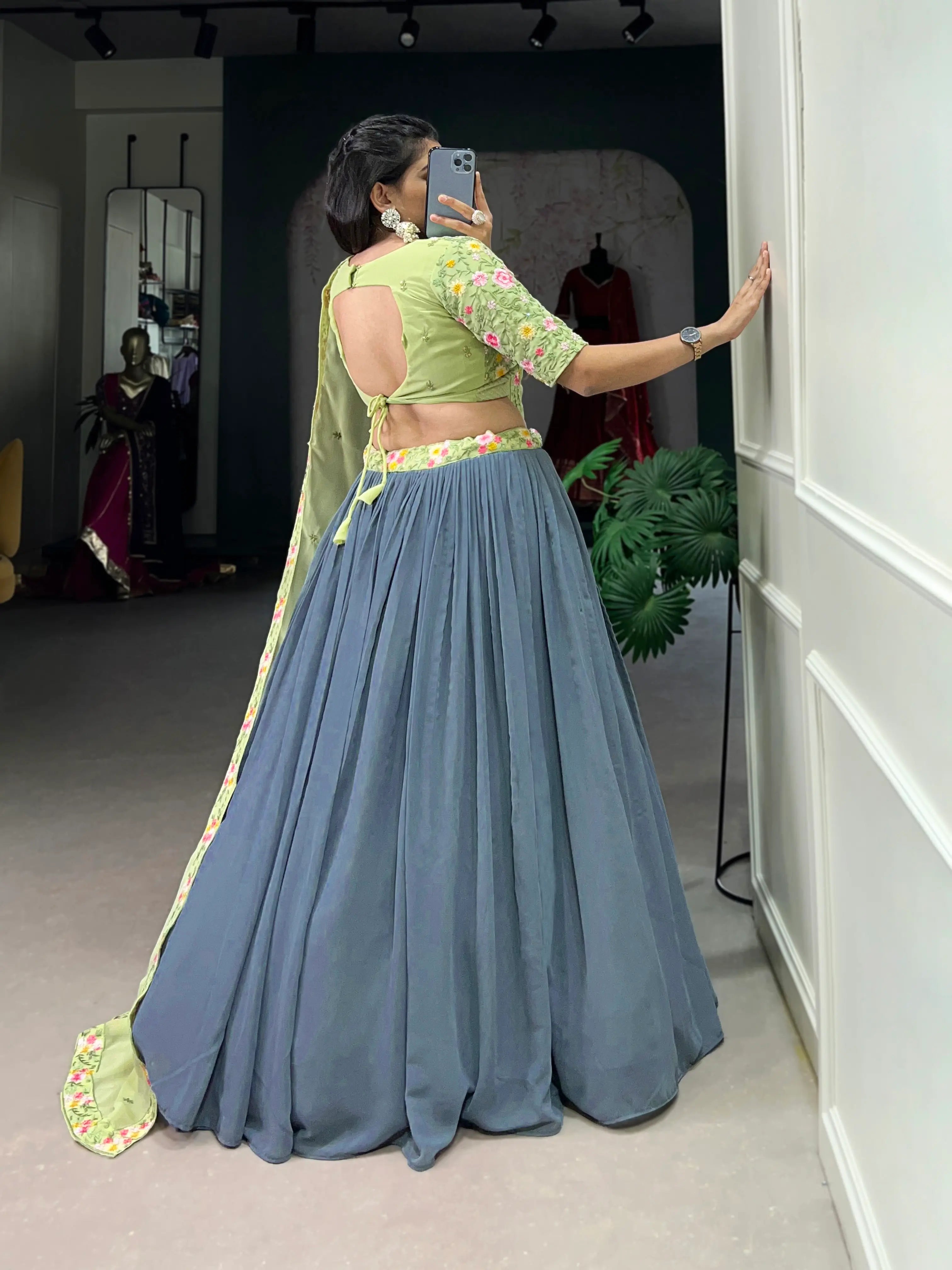 Grey Georgette Sequence & Thread Embroidery Lehenga Choli | Ready To Wear - qivii