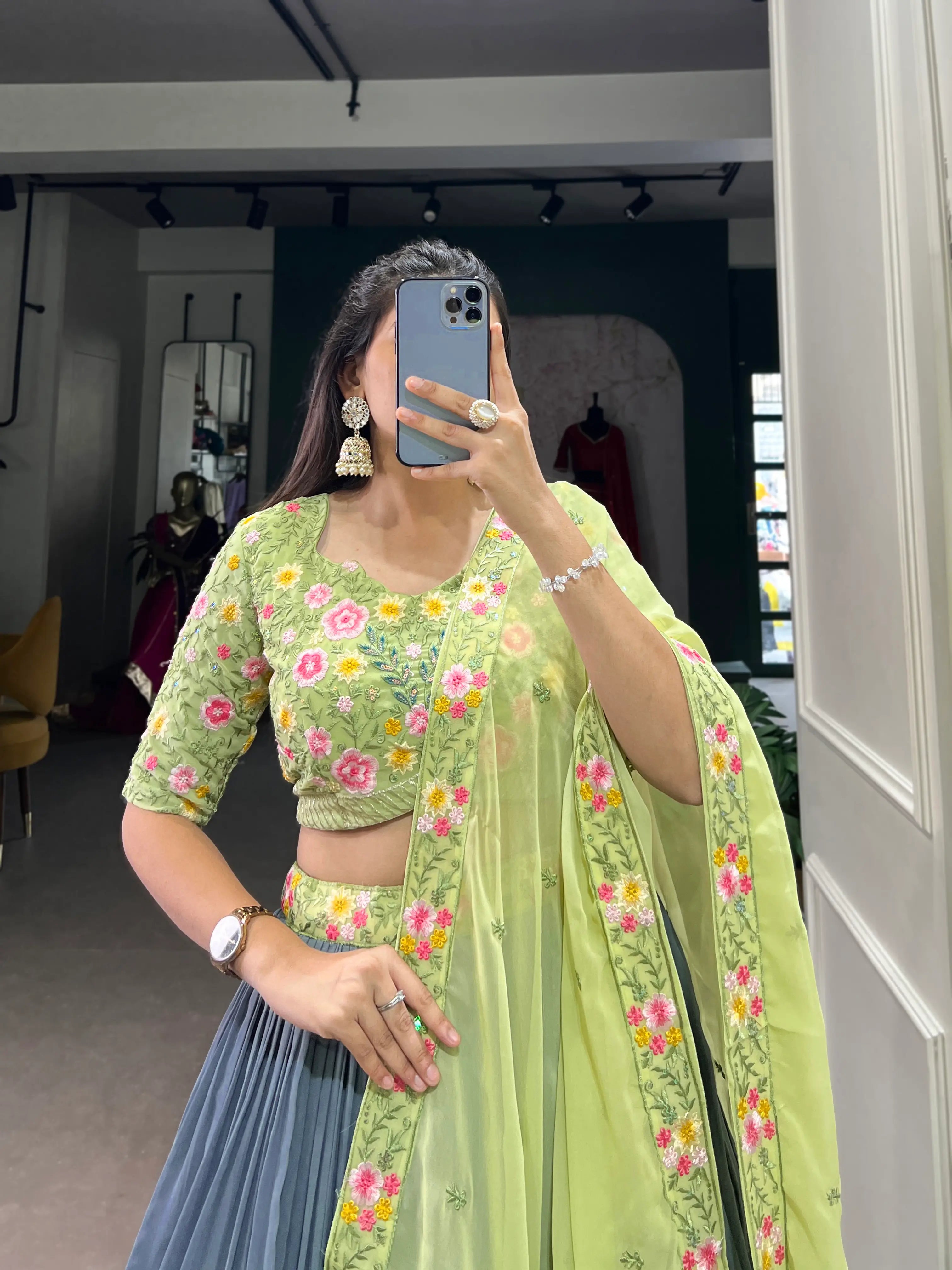 Grey Georgette Sequence & Thread Embroidery Lehenga Choli | Ready To Wear - qivii