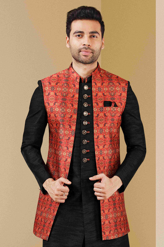 Men's Maroon Black Art Banarasi Digital Printed Indo Western Set