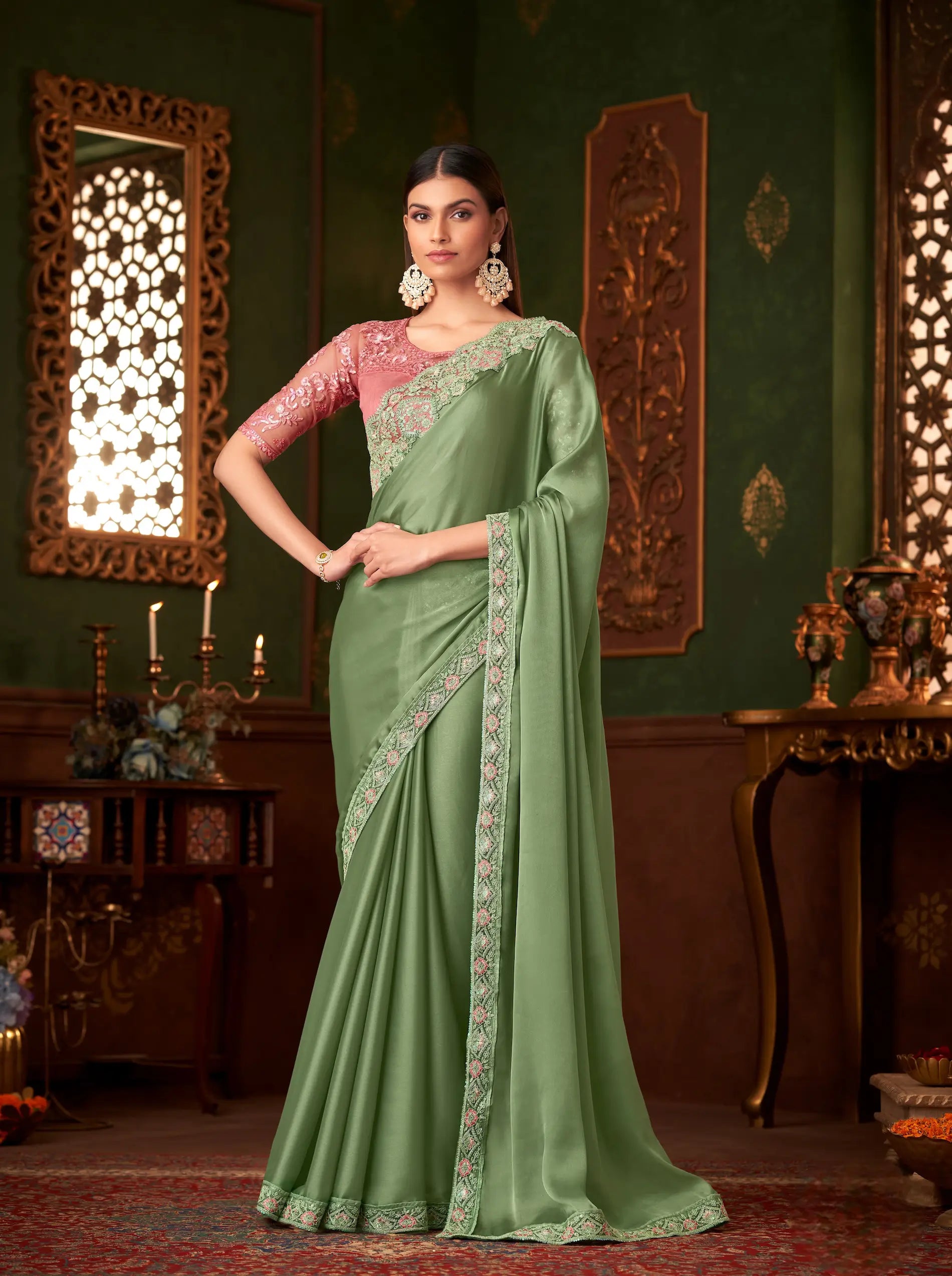 Pista Green Satin Silk Party Wear Saree With Thread & Sequence Embroidery Work - qivii