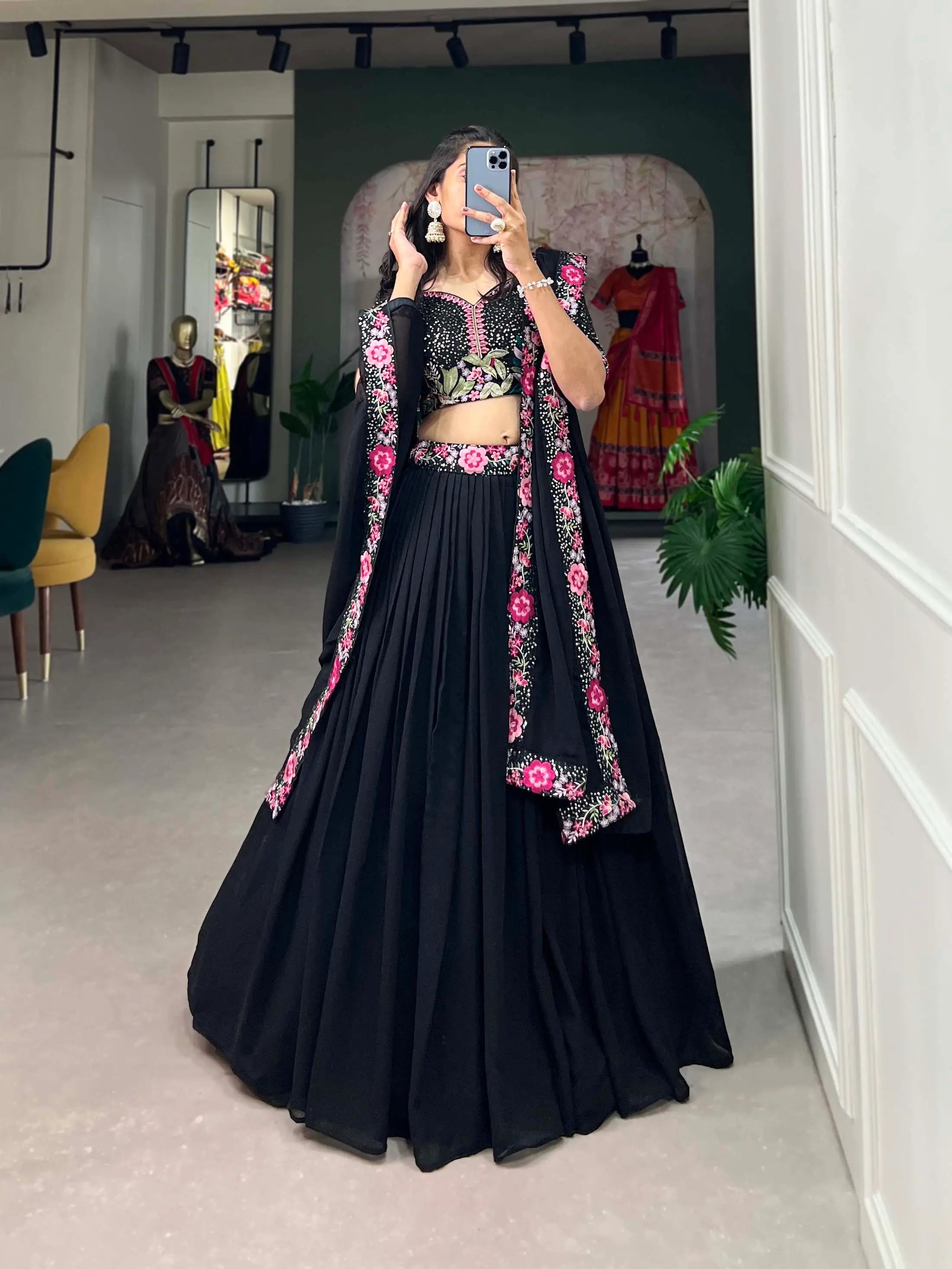 Black Georgette Sequence & Thread Embroidery Lehenga Choli | Ready To Wear - qivii