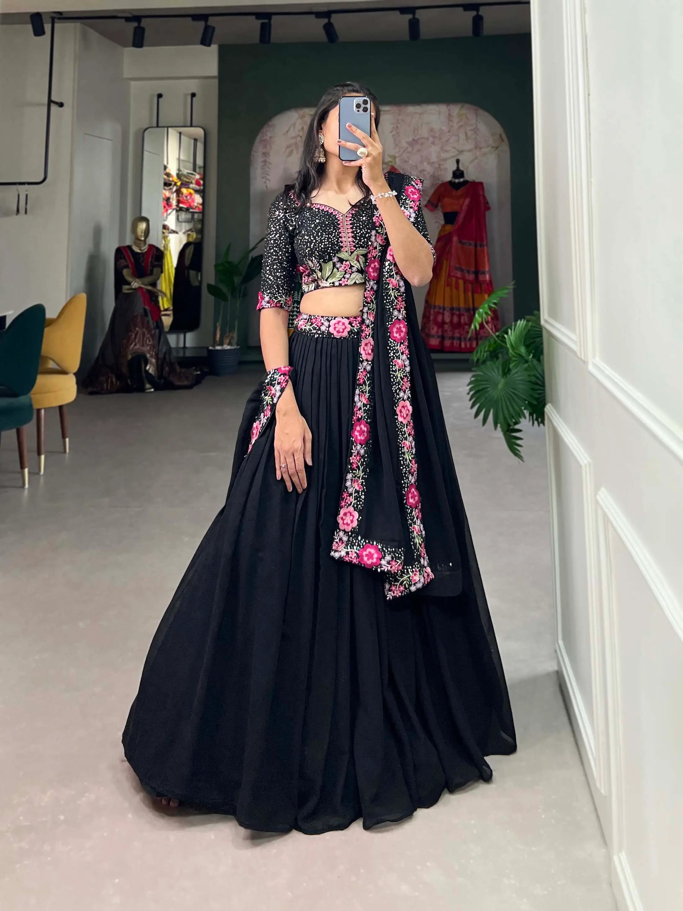Black Georgette Sequence & Thread Embroidery Lehenga Choli | Ready To Wear - qivii