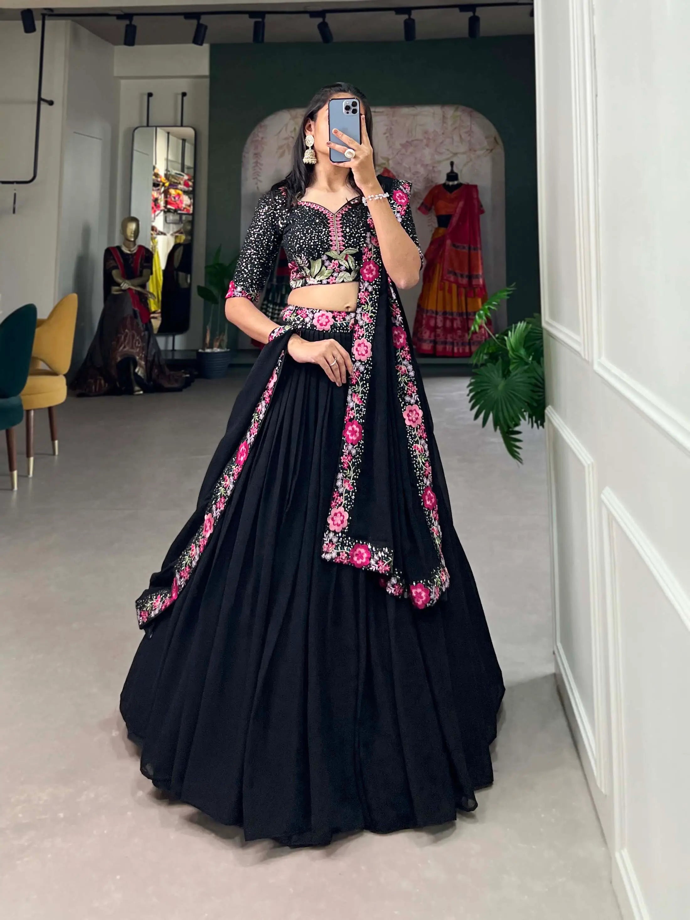 Black Georgette Sequence & Thread Embroidery Lehenga Choli | Ready To Wear - qivii