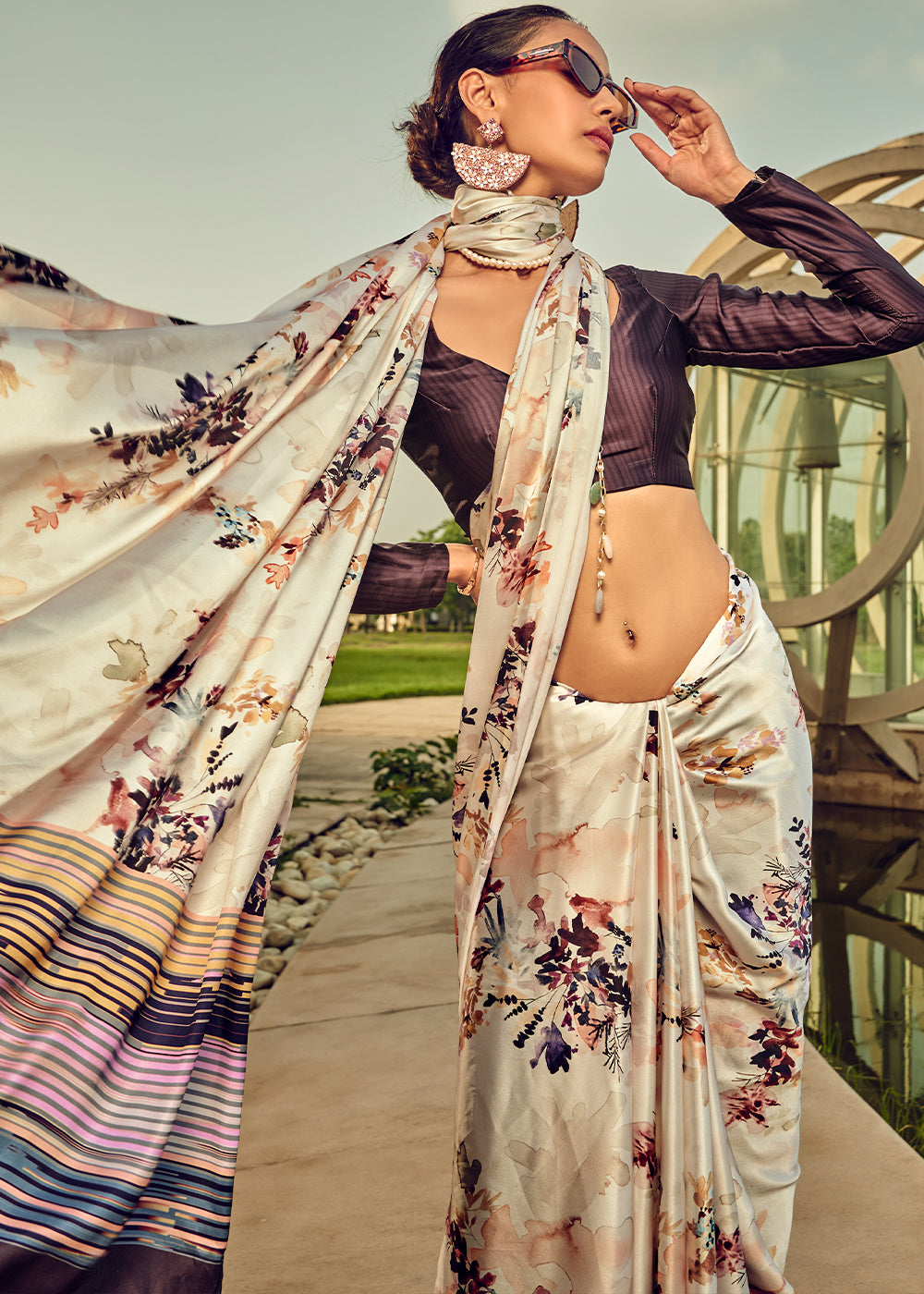 Pearl White Digital Printed Satin Silk Saree - qivii