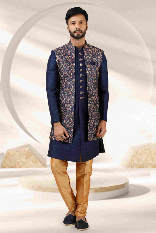 Men's Blue Art Banarasi Digital Printed Indo Western Set