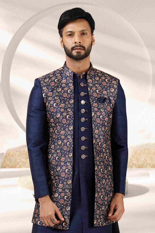 Men's Blue Art Banarasi Digital Printed Indo Western Set