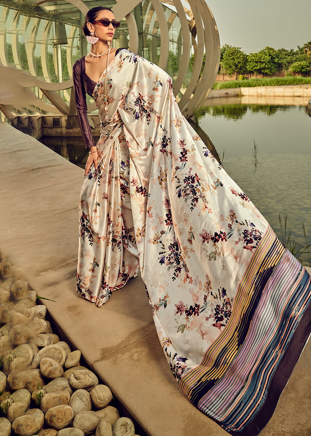 Pearl White Digital Printed Satin Silk Saree - qivii