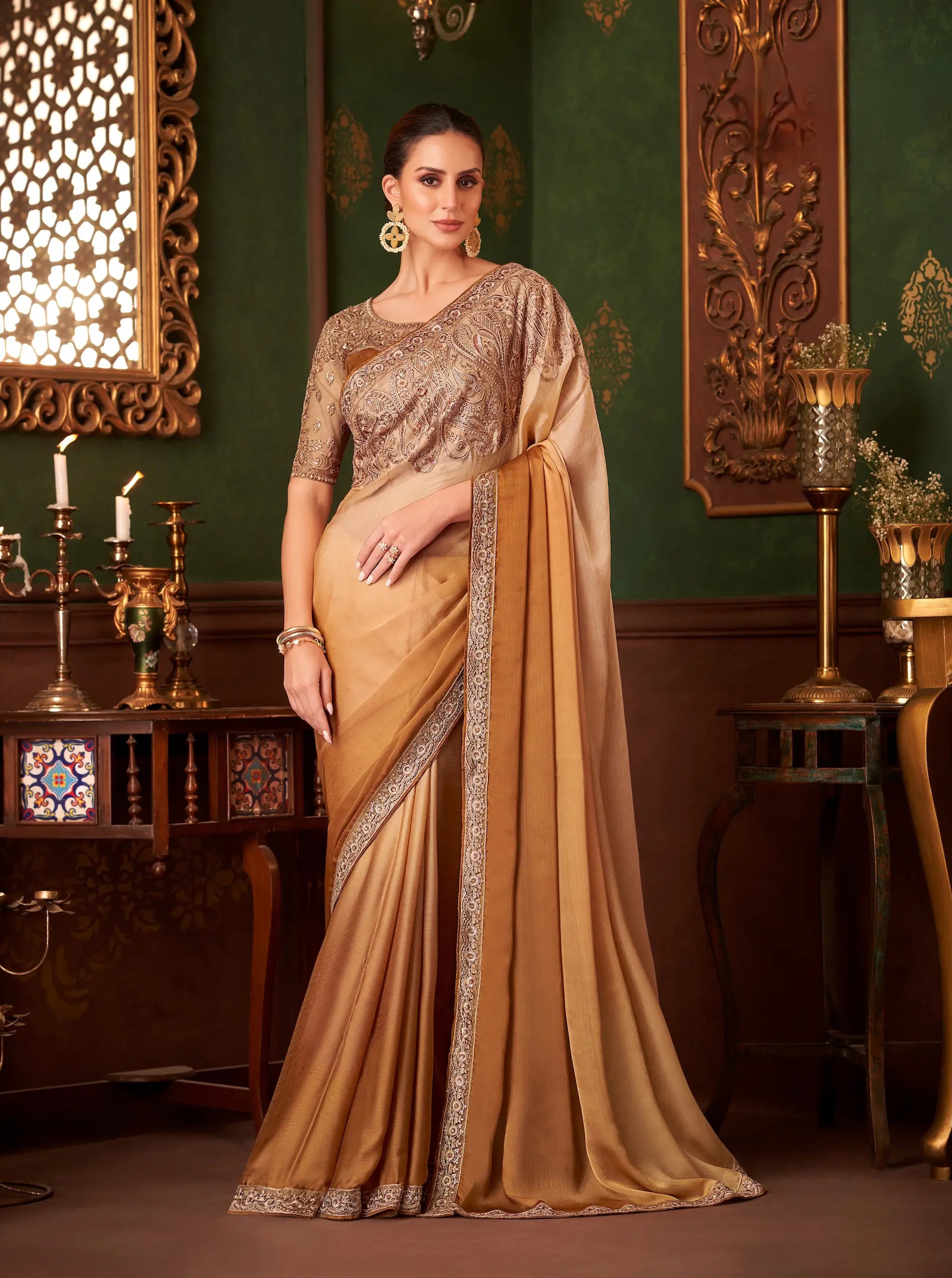 Golden Shaded Satin Chiffon Party Wear Saree With Thread & Sequence Embroidery Work - qivii