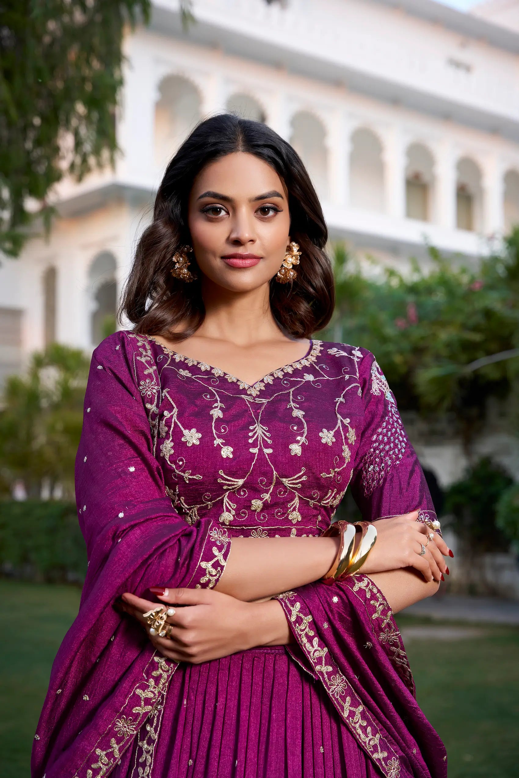 Wine Vichitra Silk Lehenga Choli Sequins and Thread Embroidery Work | Ready To Wear - qivii