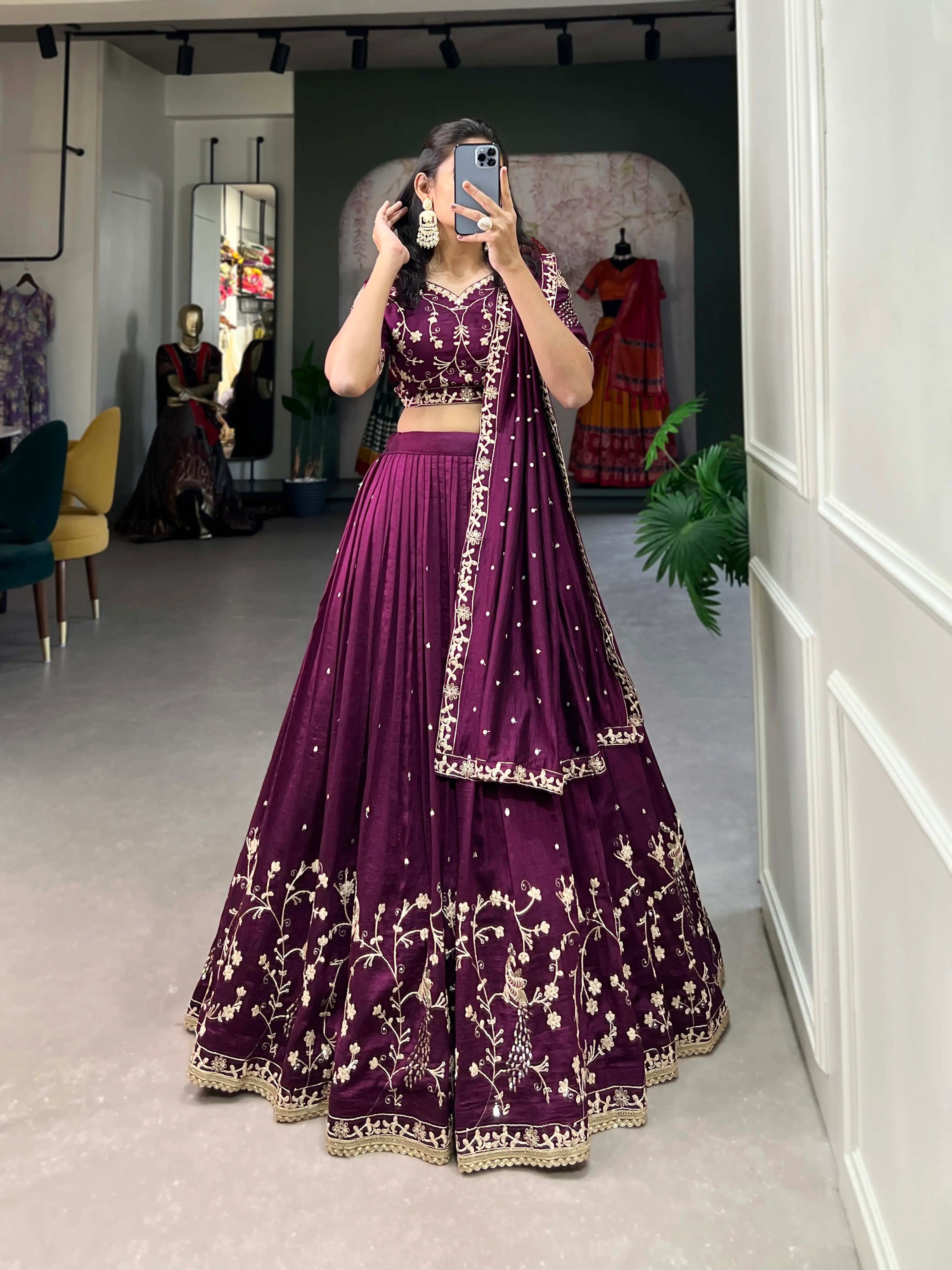 Wine Vichitra Silk Lehenga Choli Sequins and Thread Embroidery Work | Ready To Wear - qivii