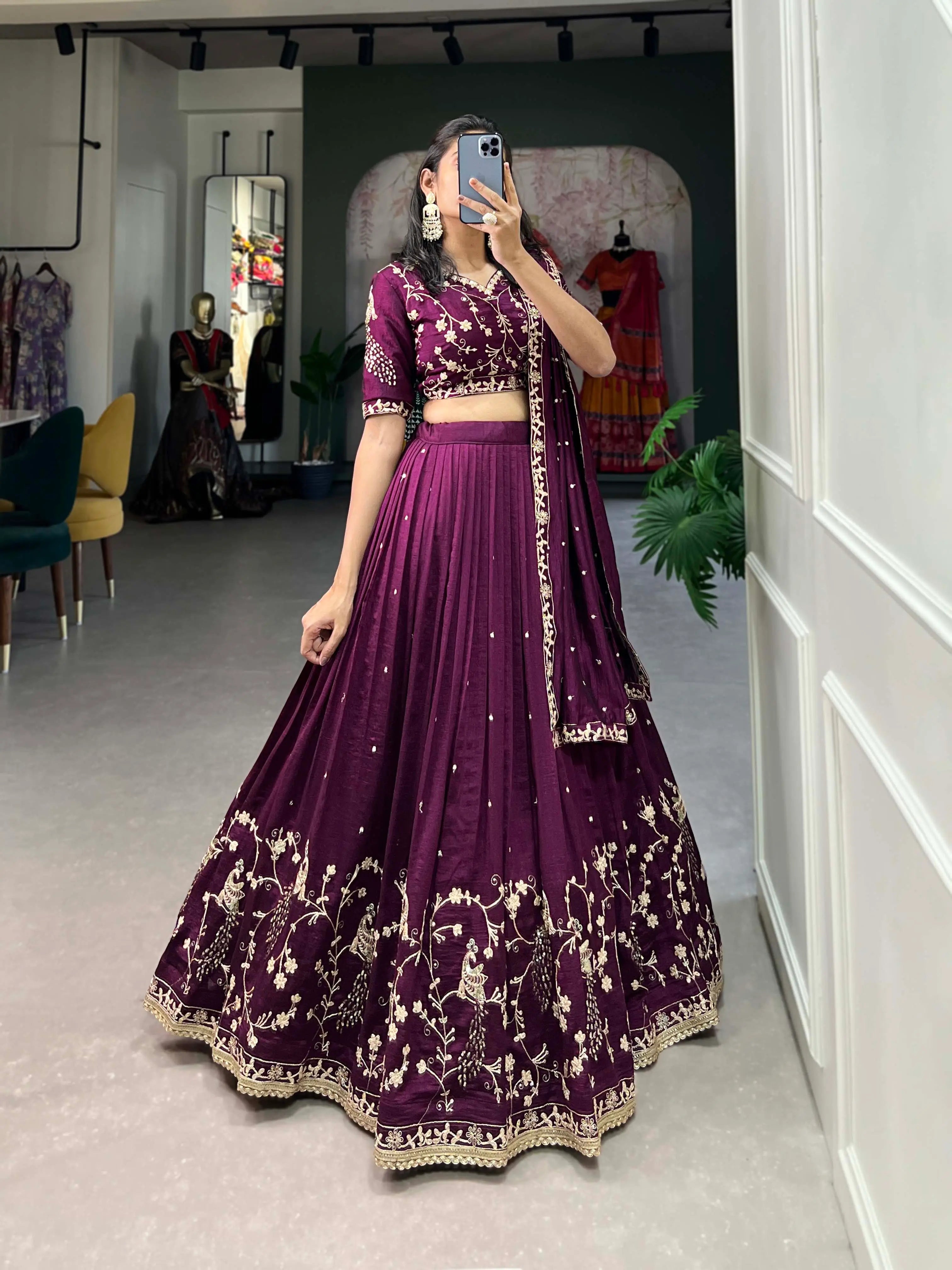 Wine Vichitra Silk Lehenga Choli Sequins and Thread Embroidery Work | Ready To Wear - qivii