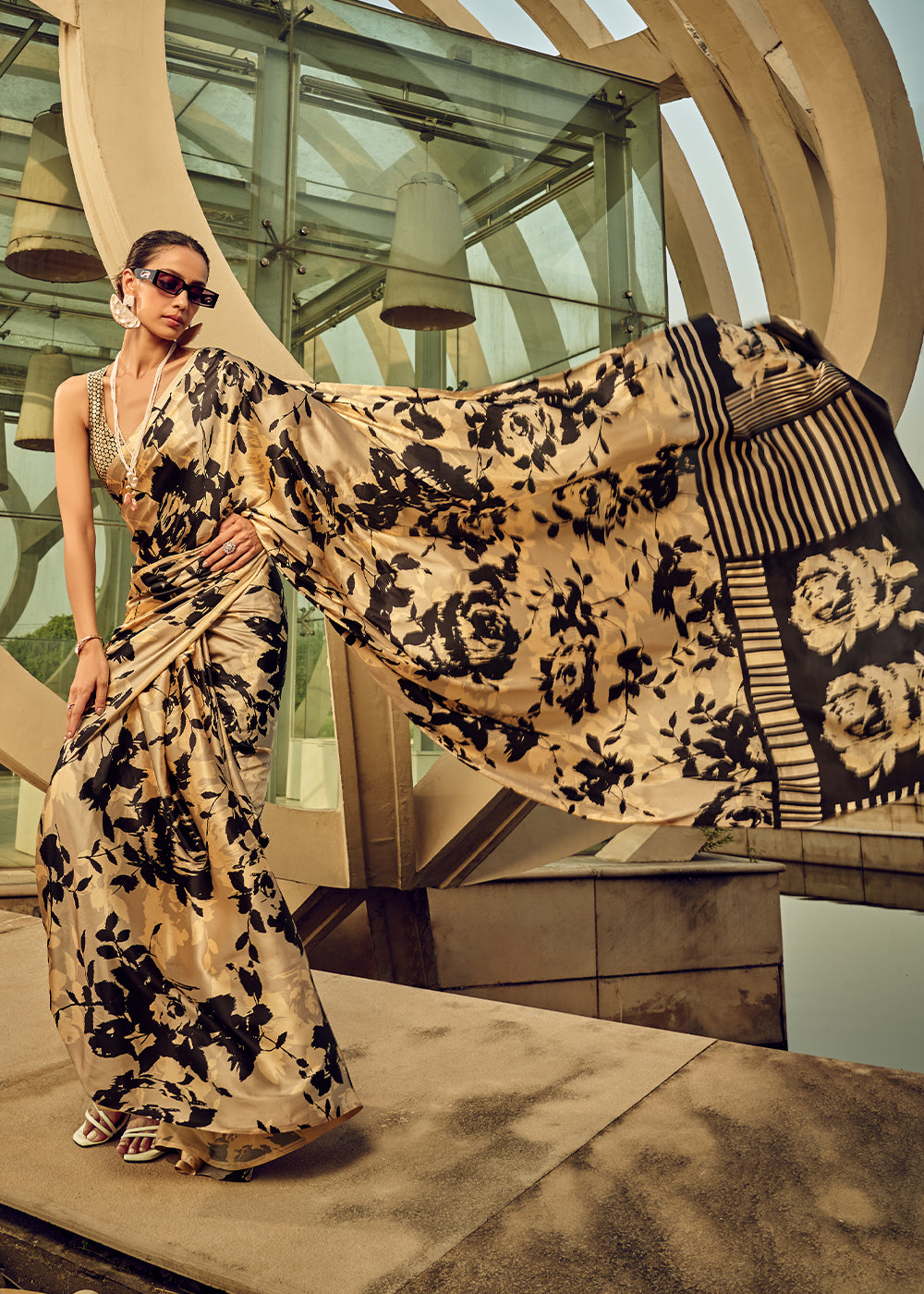 Cream White & Black Digital Printed Satin Silk Saree - qivii