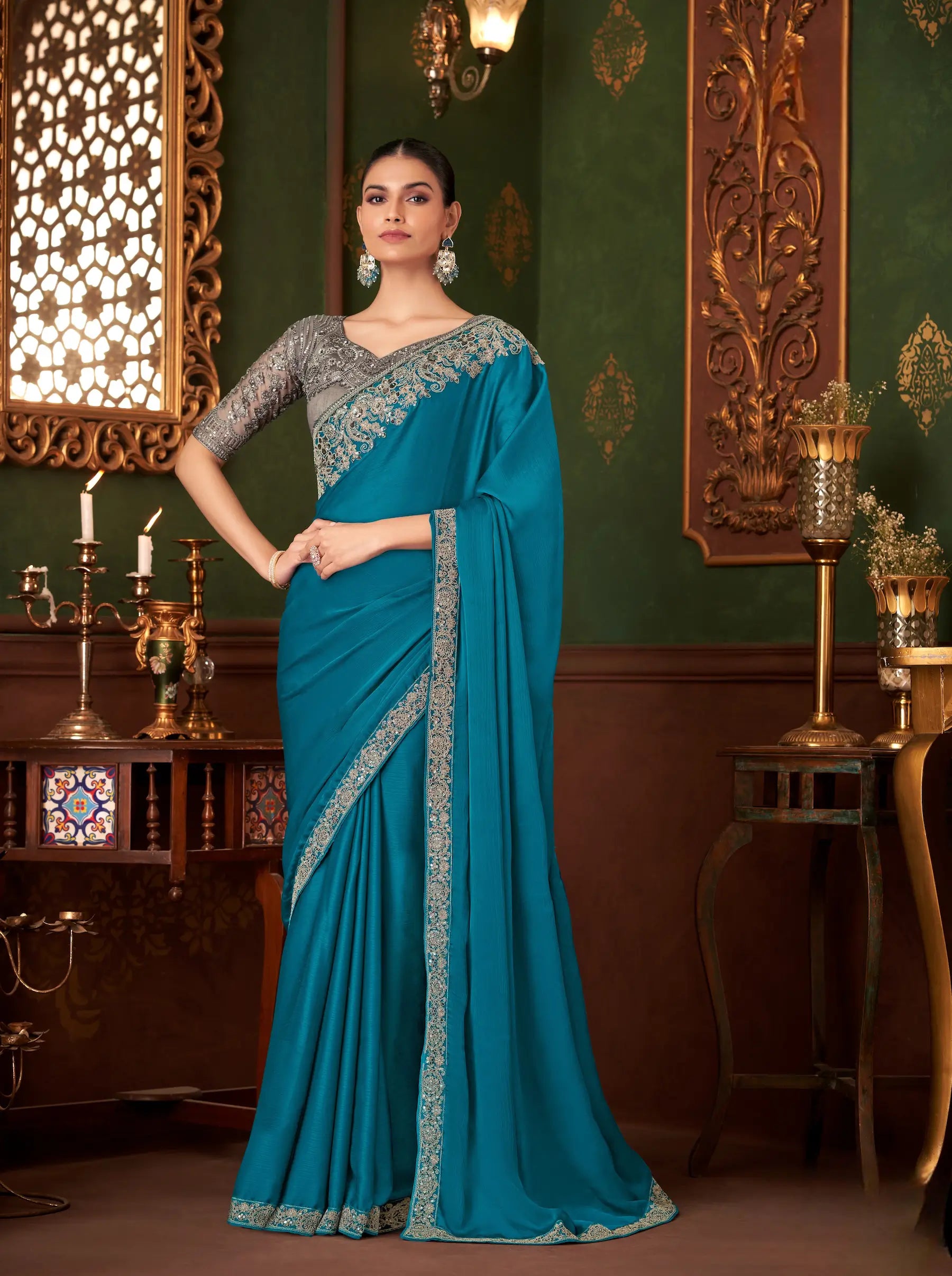 Teal Blue Chiffon Party Wear Saree With Thread & Sequence Embroidery Work - qivii