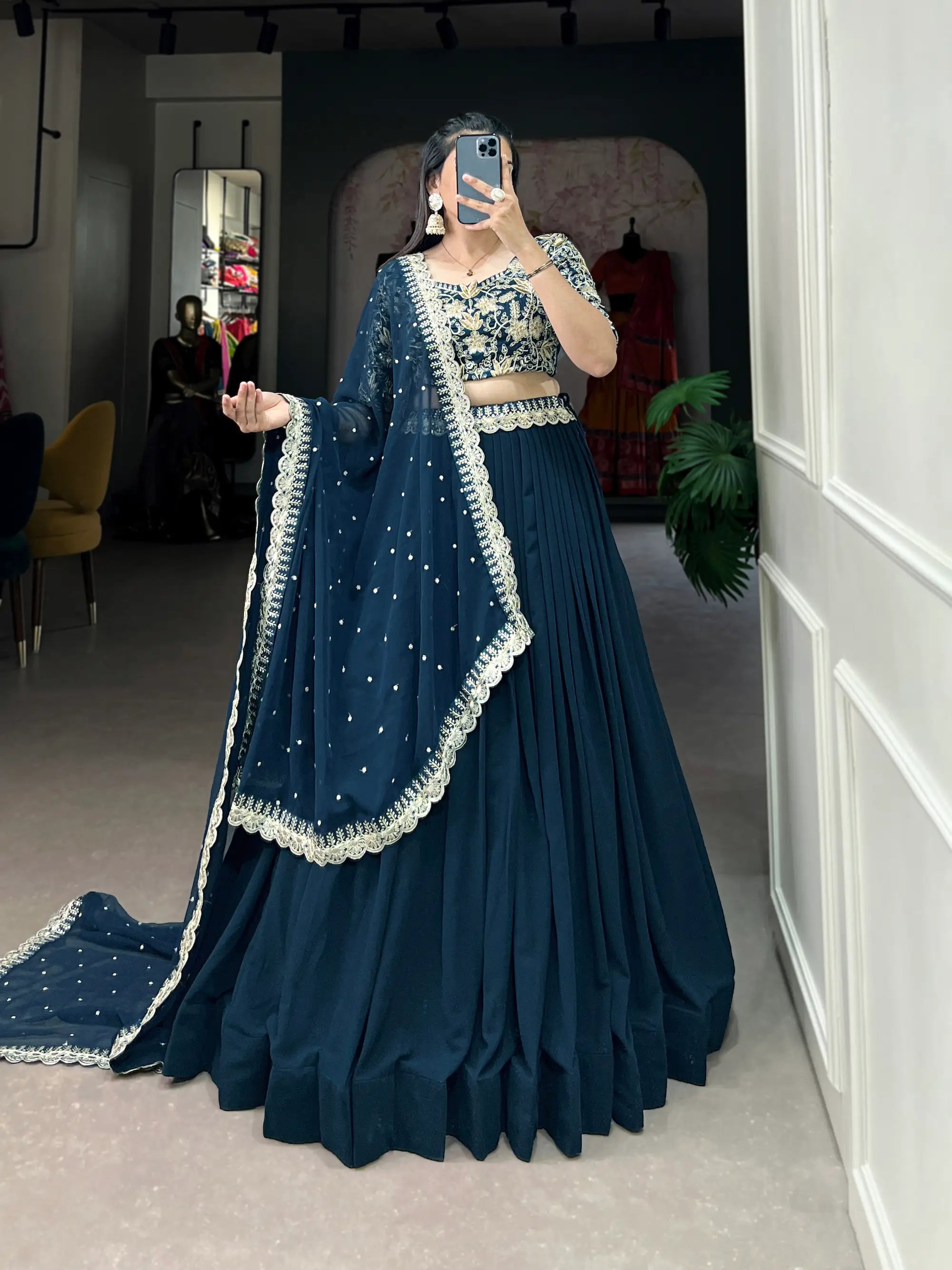 Teal Blue Georgette Sequence & Thread Embroidery Lehenga Choli | Ready To Wear - qivii