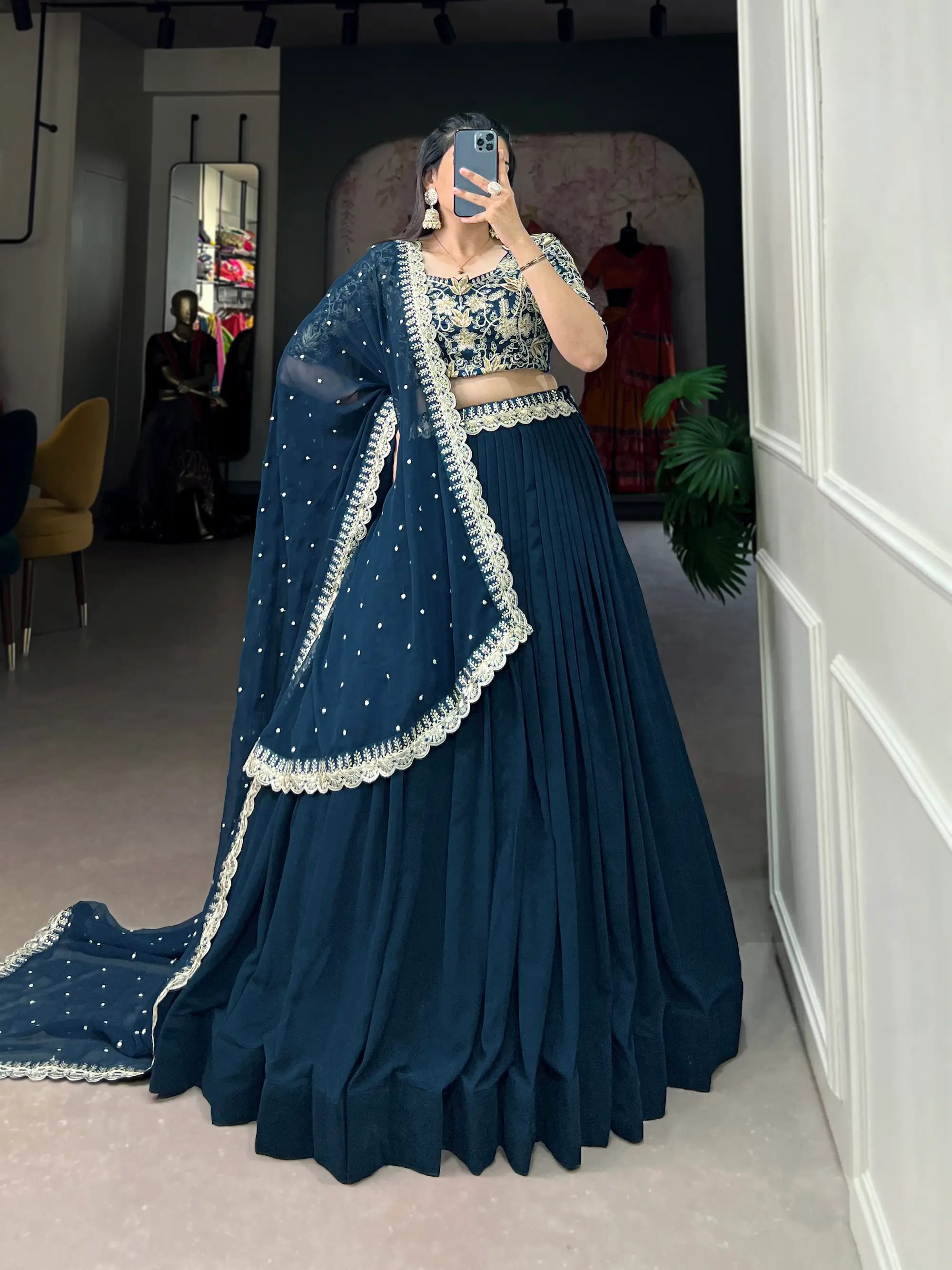 Teal Blue Georgette Sequence & Thread Embroidery Lehenga Choli | Ready To Wear - qivii