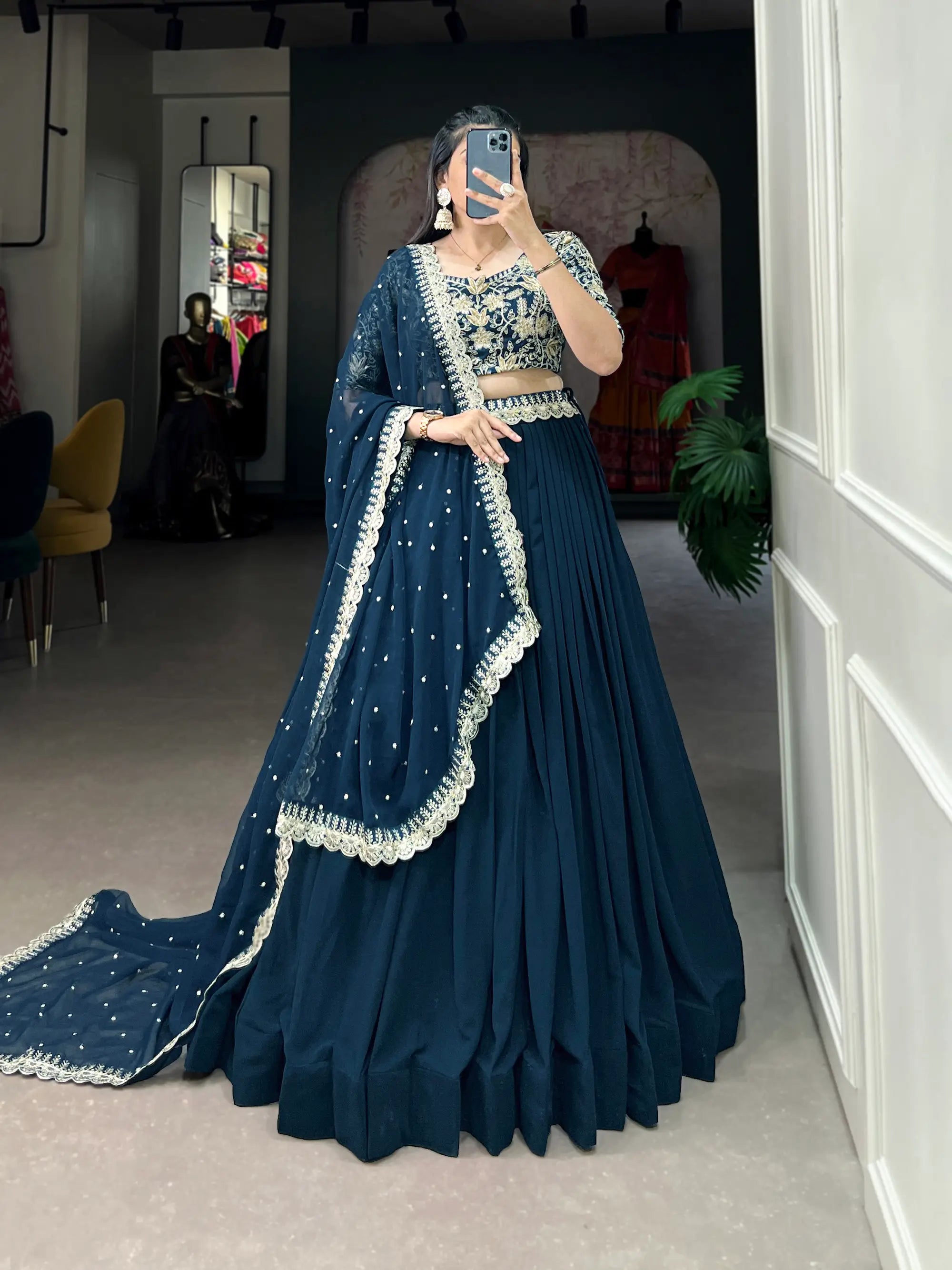 Teal Blue Georgette Sequence & Thread Embroidery Lehenga Choli | Ready To Wear - qivii