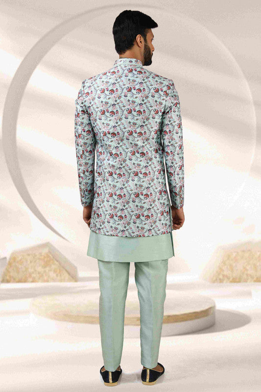 Men's Pista Green Art Banarasi Digital Printed Indo Western Set