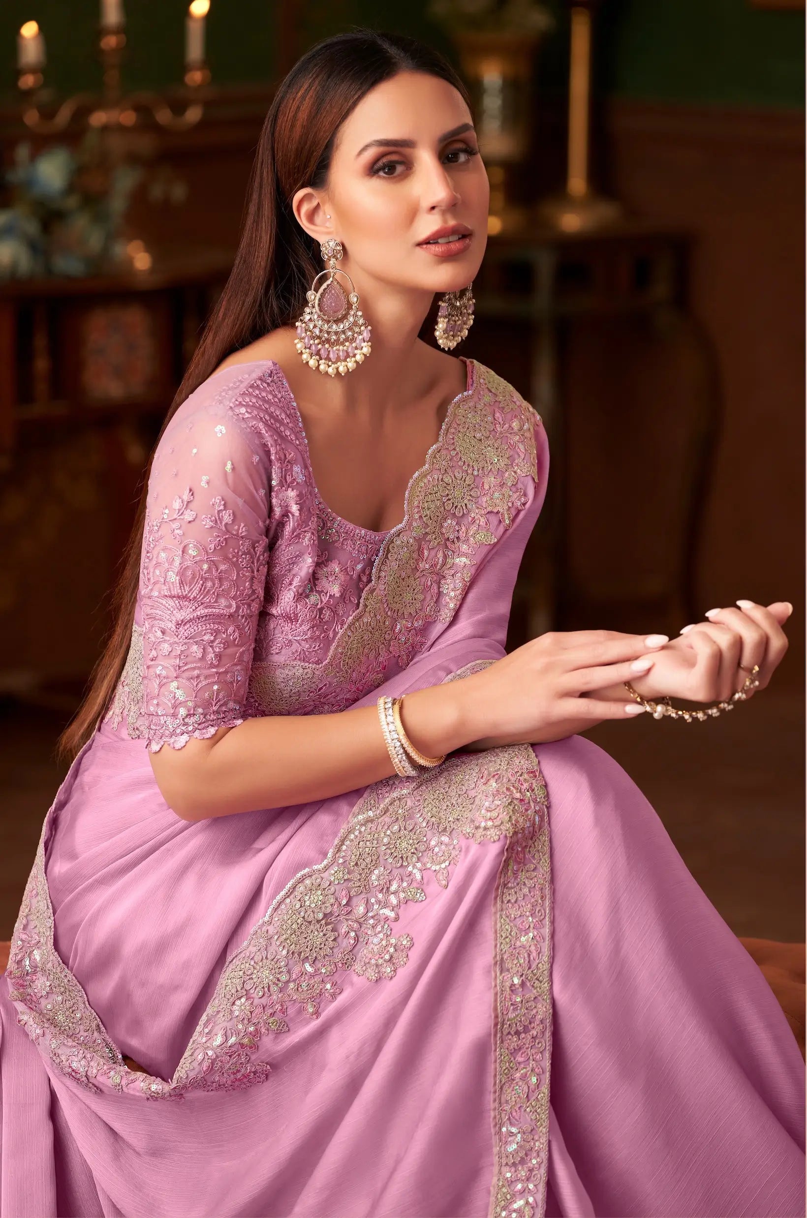 Pastel Pink Chiffon Party Wear Saree With Thread & Sequence Embroidery Work - qivii