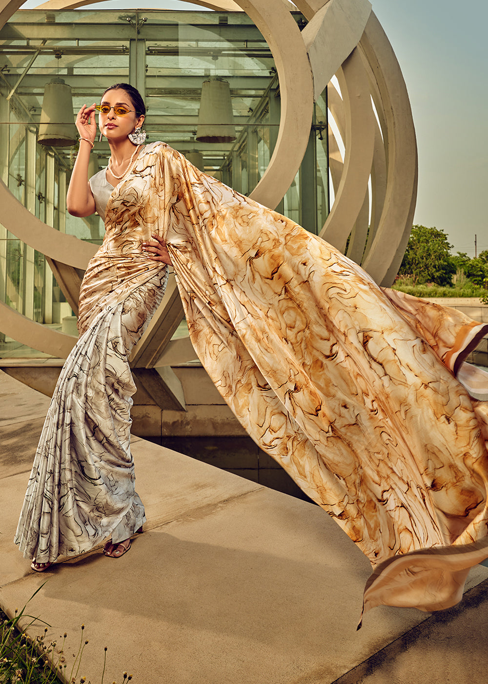 Grey & Cream Digital Printed Satin Silk Saree - qivii