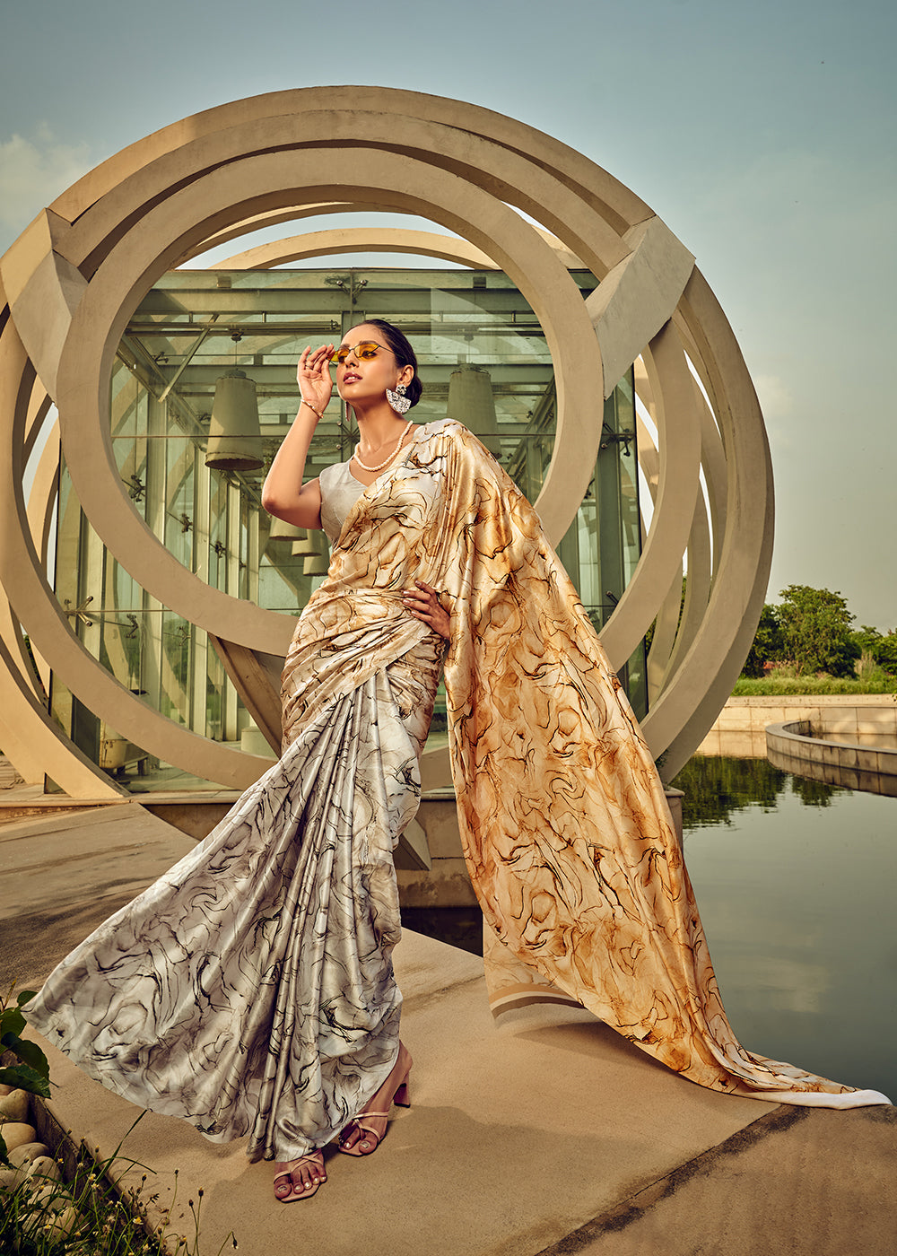 Grey & Cream Digital Printed Satin Silk Saree - qivii