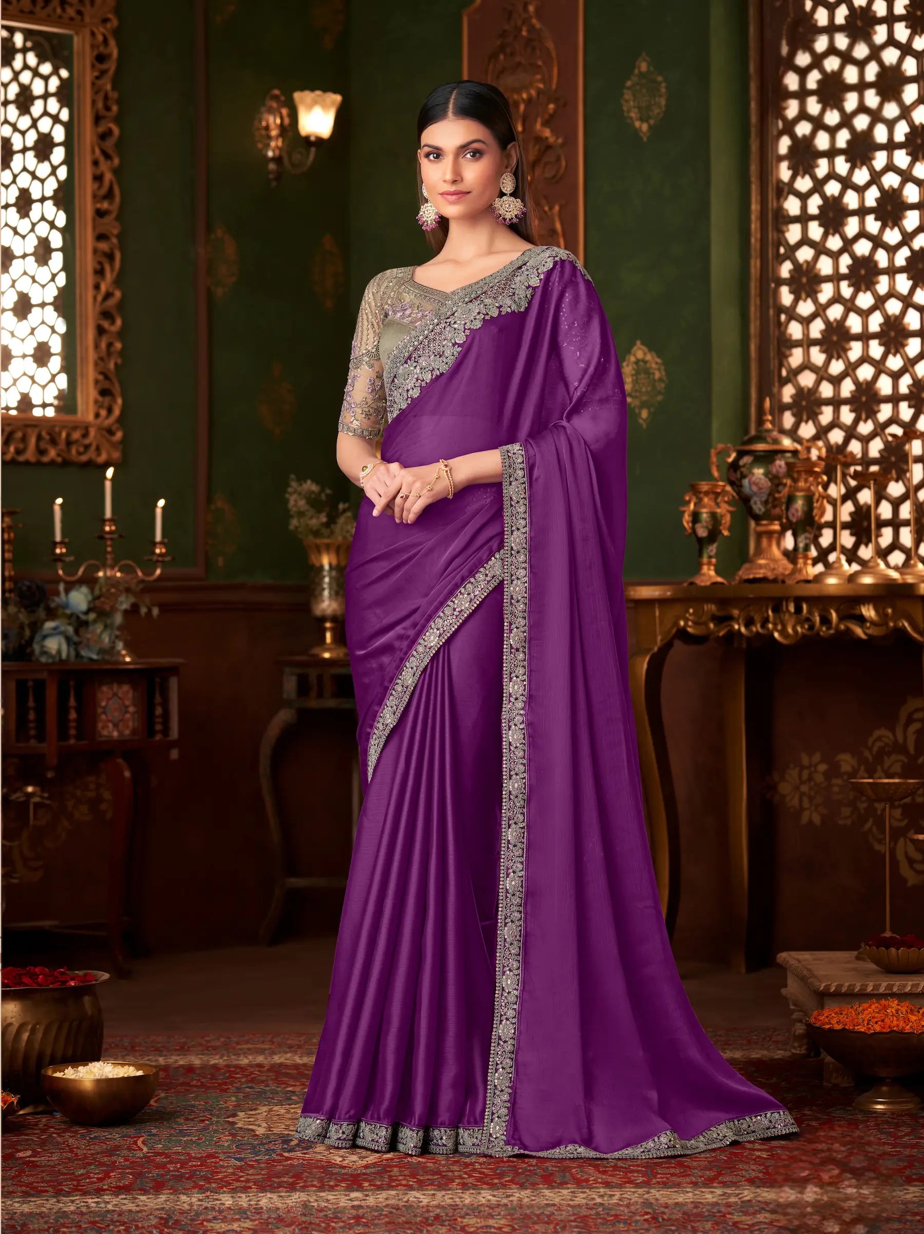 Wine Chiffon Party Wear Saree With Thread & Sequence Embroidery Work - qivii