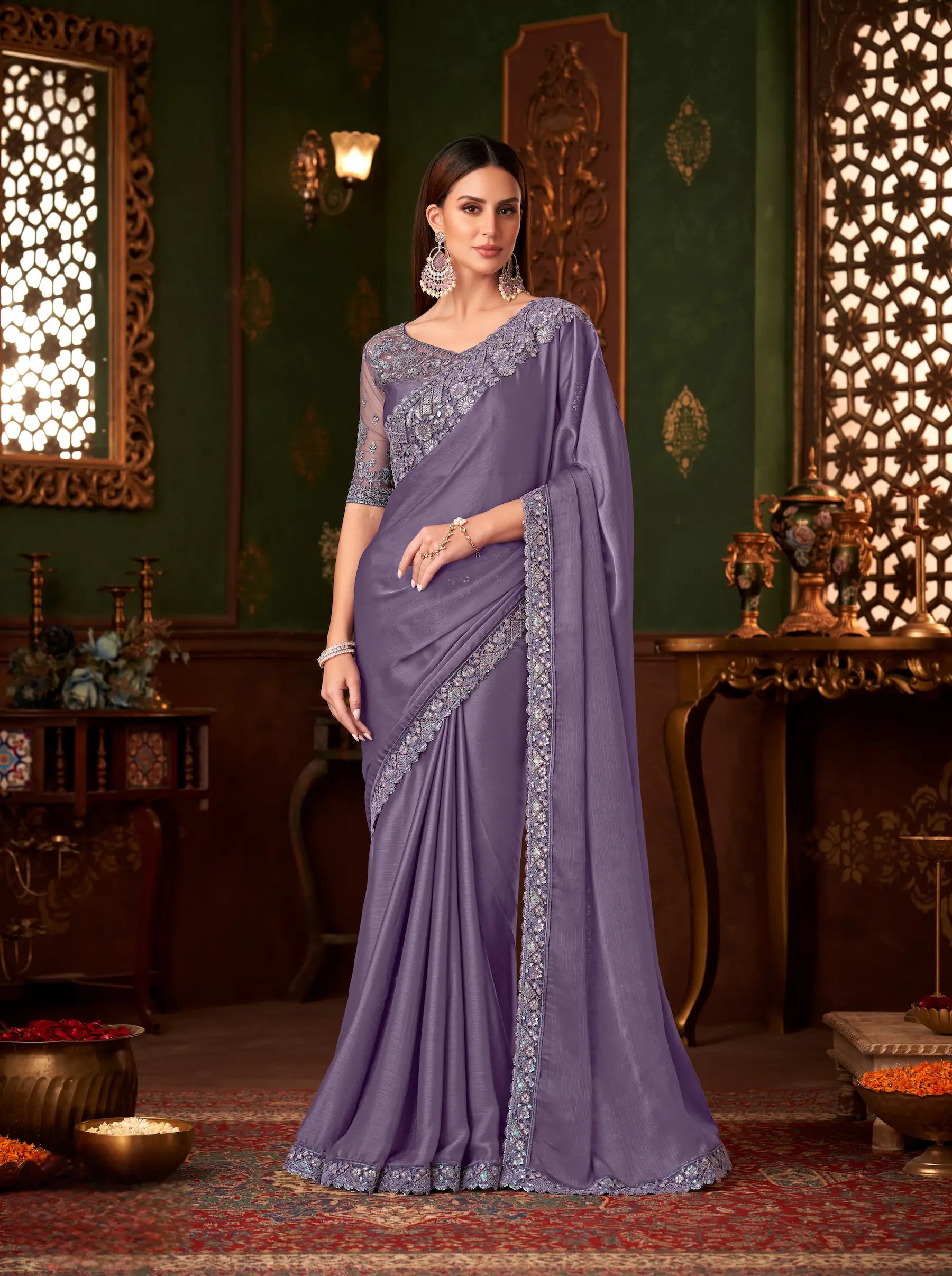 Lavender Chiffon Party Wear Saree With Thread & Sequence Embroidery Work - qivii