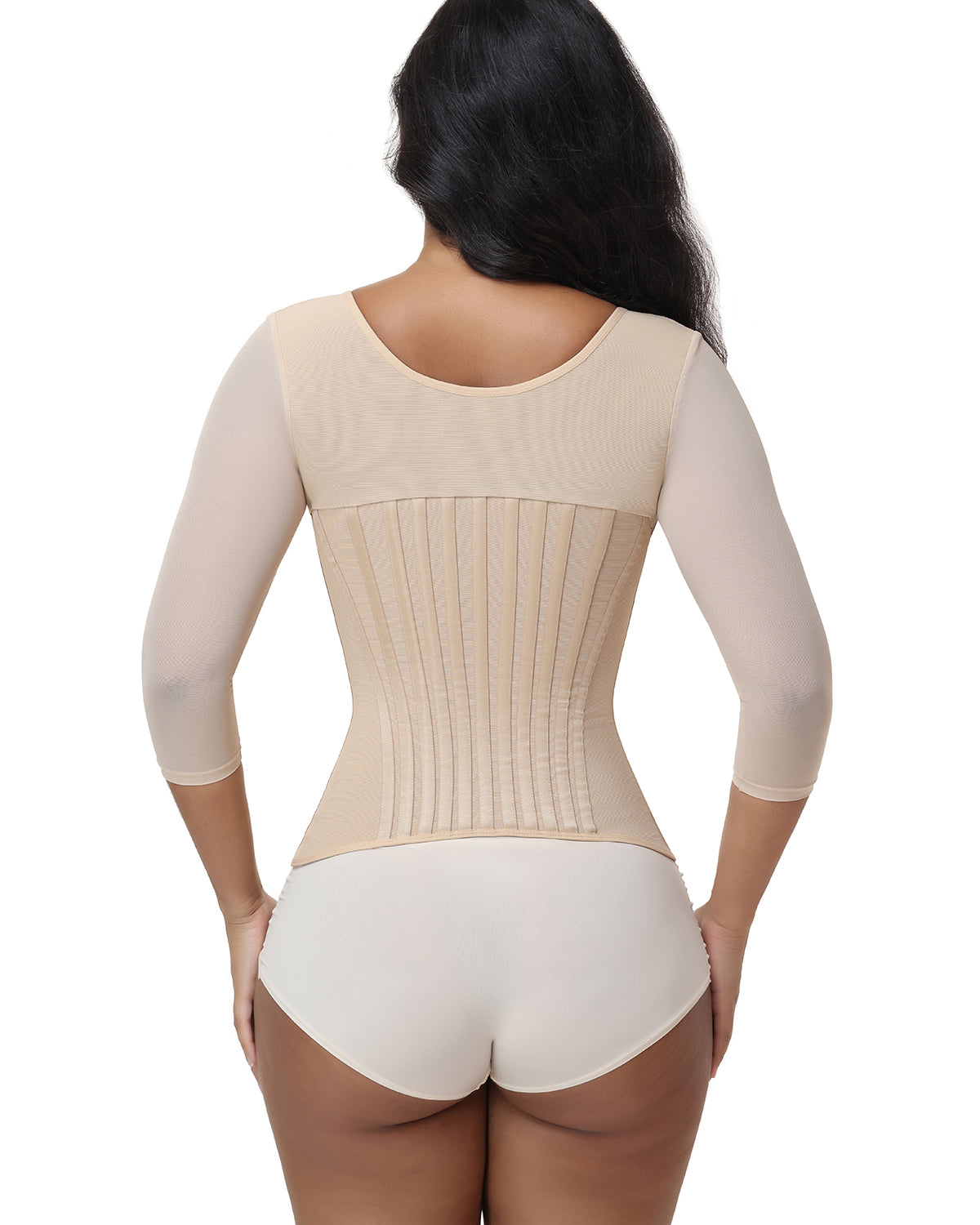 V Neck 3/4 Mesh Sleeve Zipper Waist Trainer High Compression Shaping Top