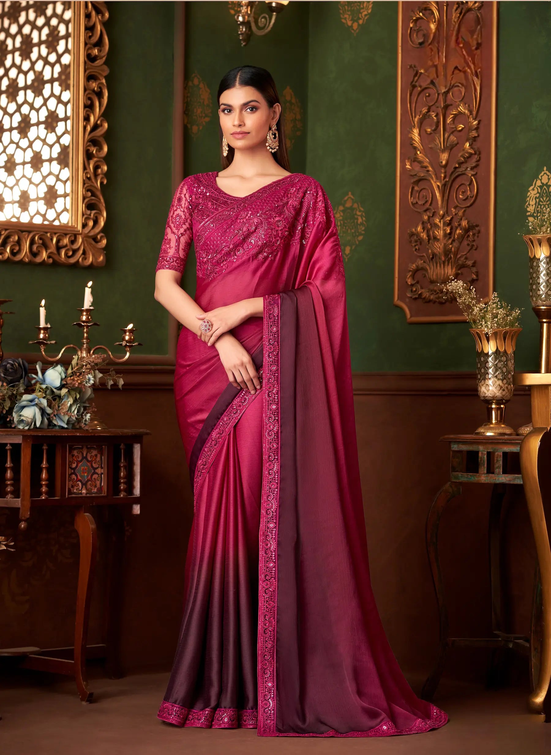 Cherry Red Shaded Satin Chiffon Party Wear Saree With Thread & Sequence Embroidery Work - qivii