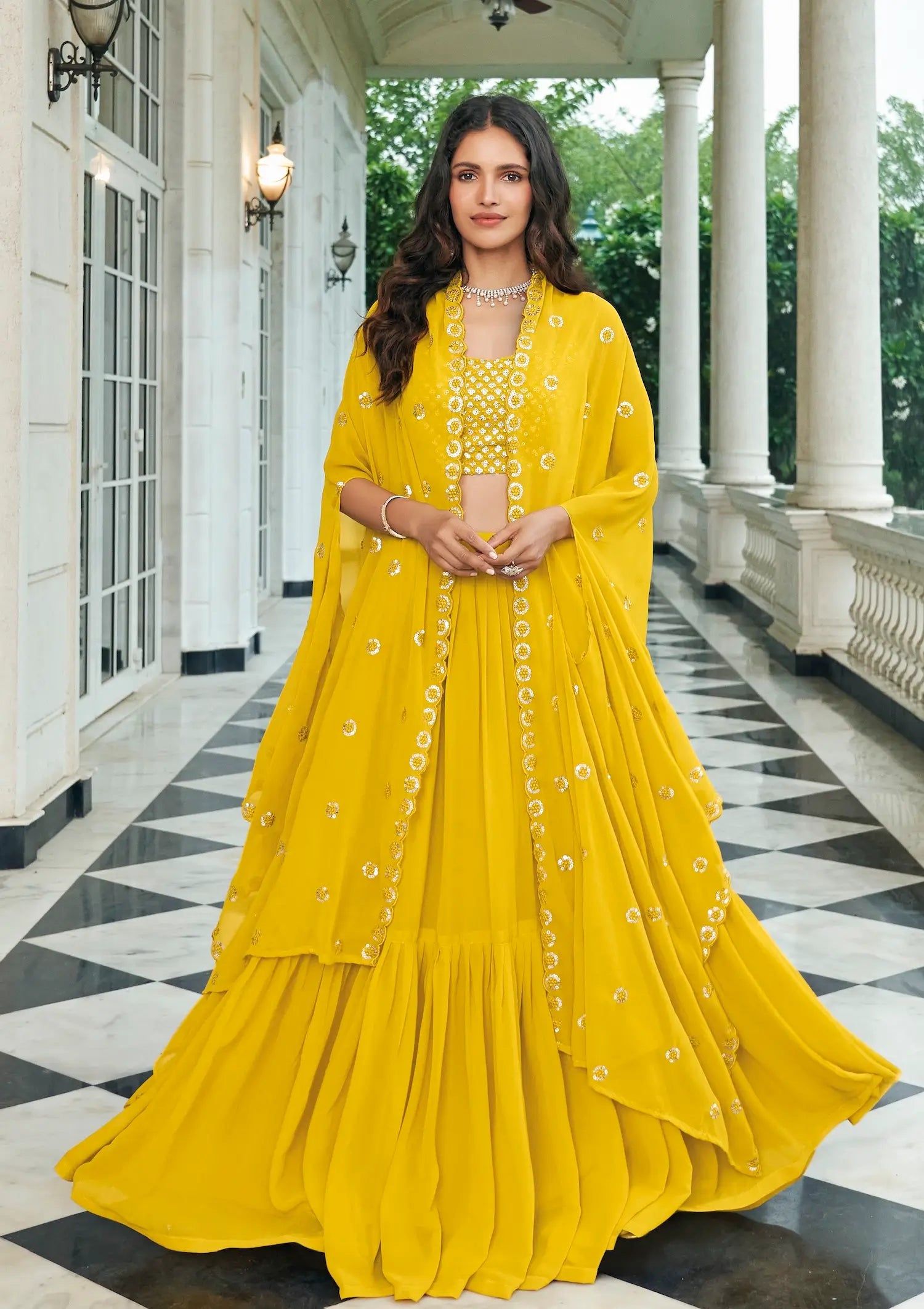 Yellow Georgette Thread & Sequence Embroidery Work Indo Western Lehenga Choli | Ready To Wear - qivii