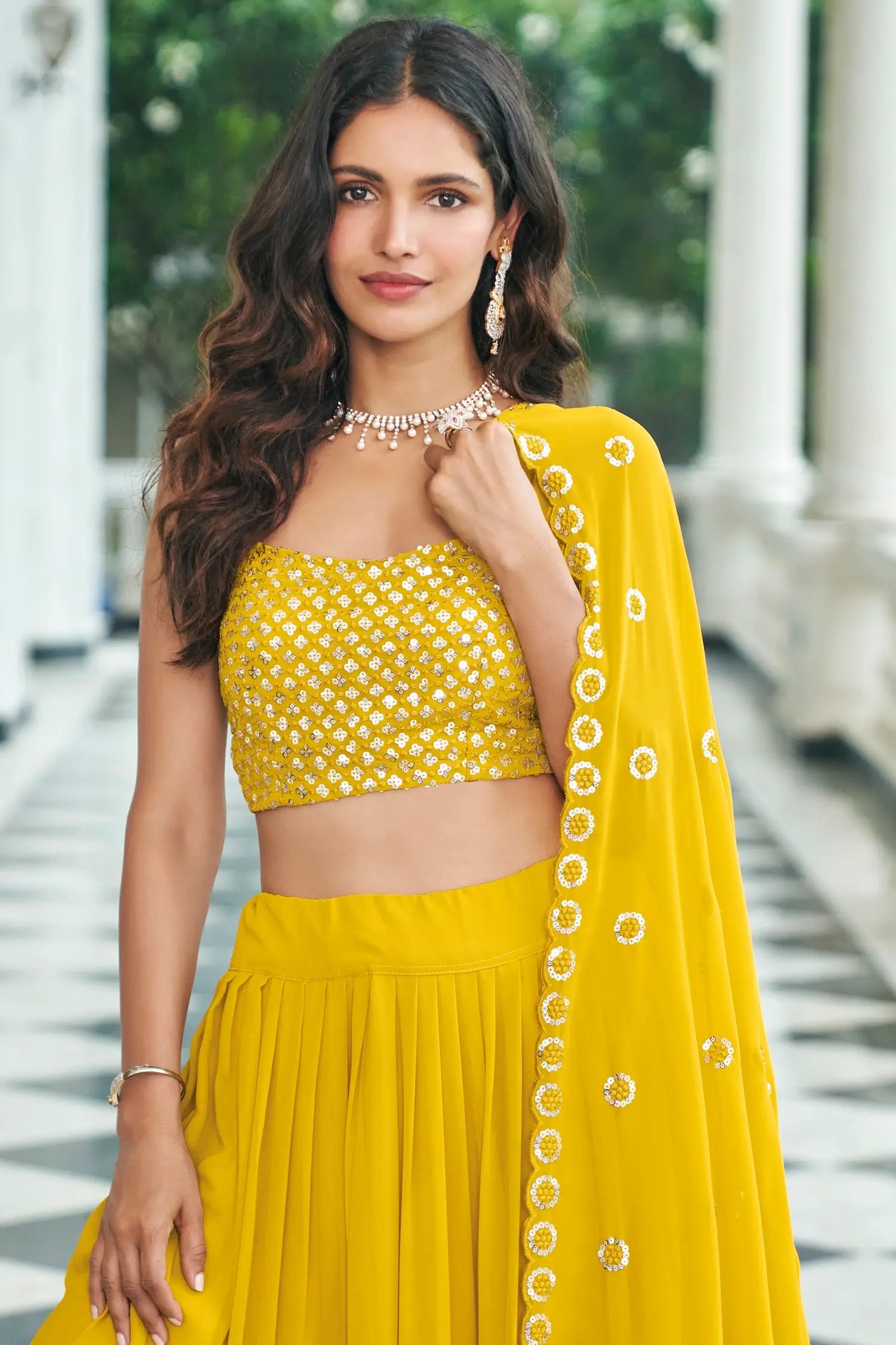 Yellow Georgette Thread & Sequence Embroidery Work Indo Western Lehenga Choli | Ready To Wear - qivii