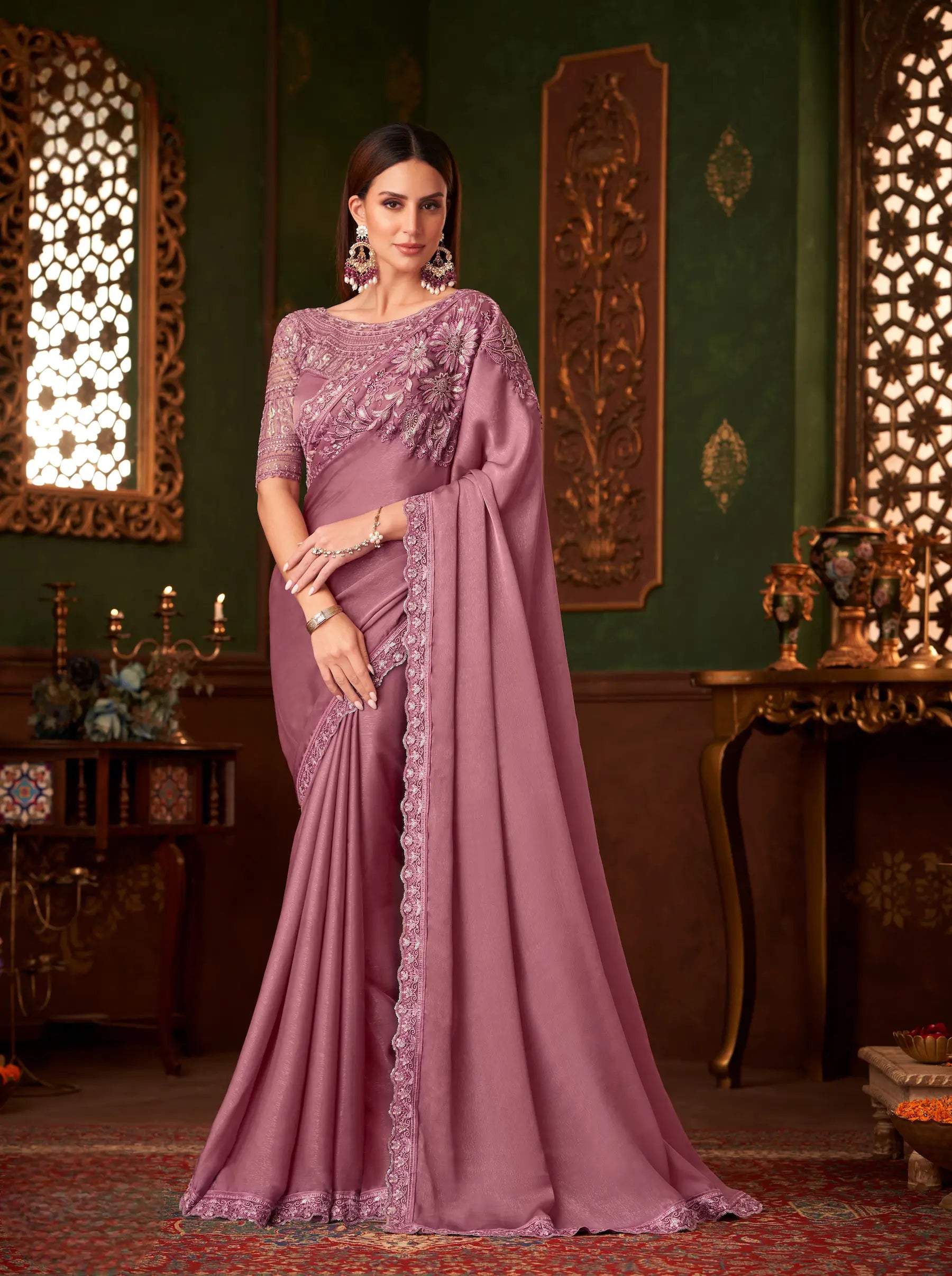 Dusty Pink Silk Georgette Party Wear Saree With Thread & Sequence Embroidery Work - qivii