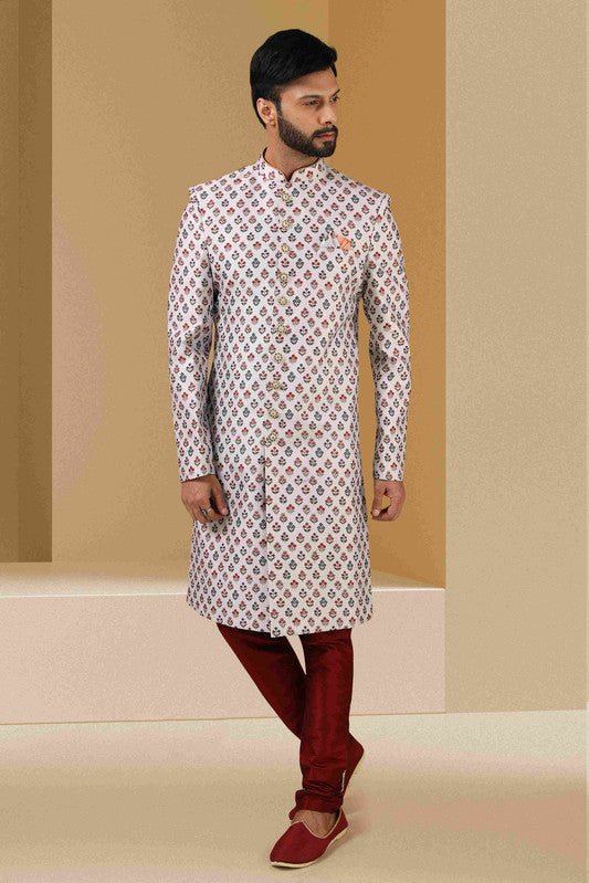 Men's Off White Art Banarasi Digital Printed Sherwani Set