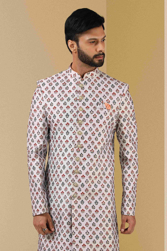 Men's Off White Art Banarasi Digital Printed Sherwani Set