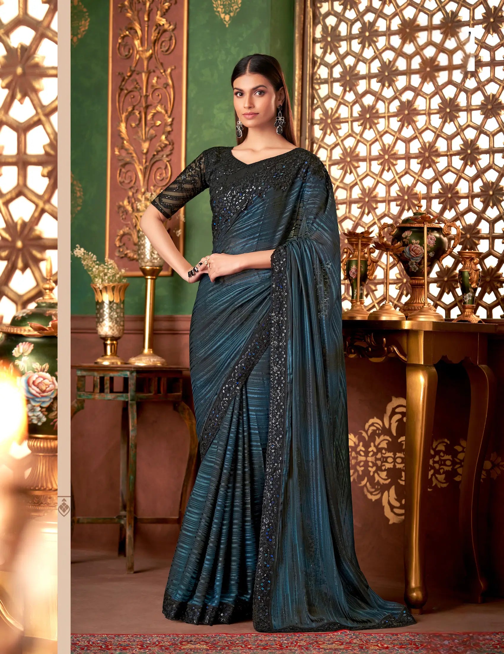 Black Pattern Silk Party Wear Saree With Thread & Sequence Embroidery Work - qivii