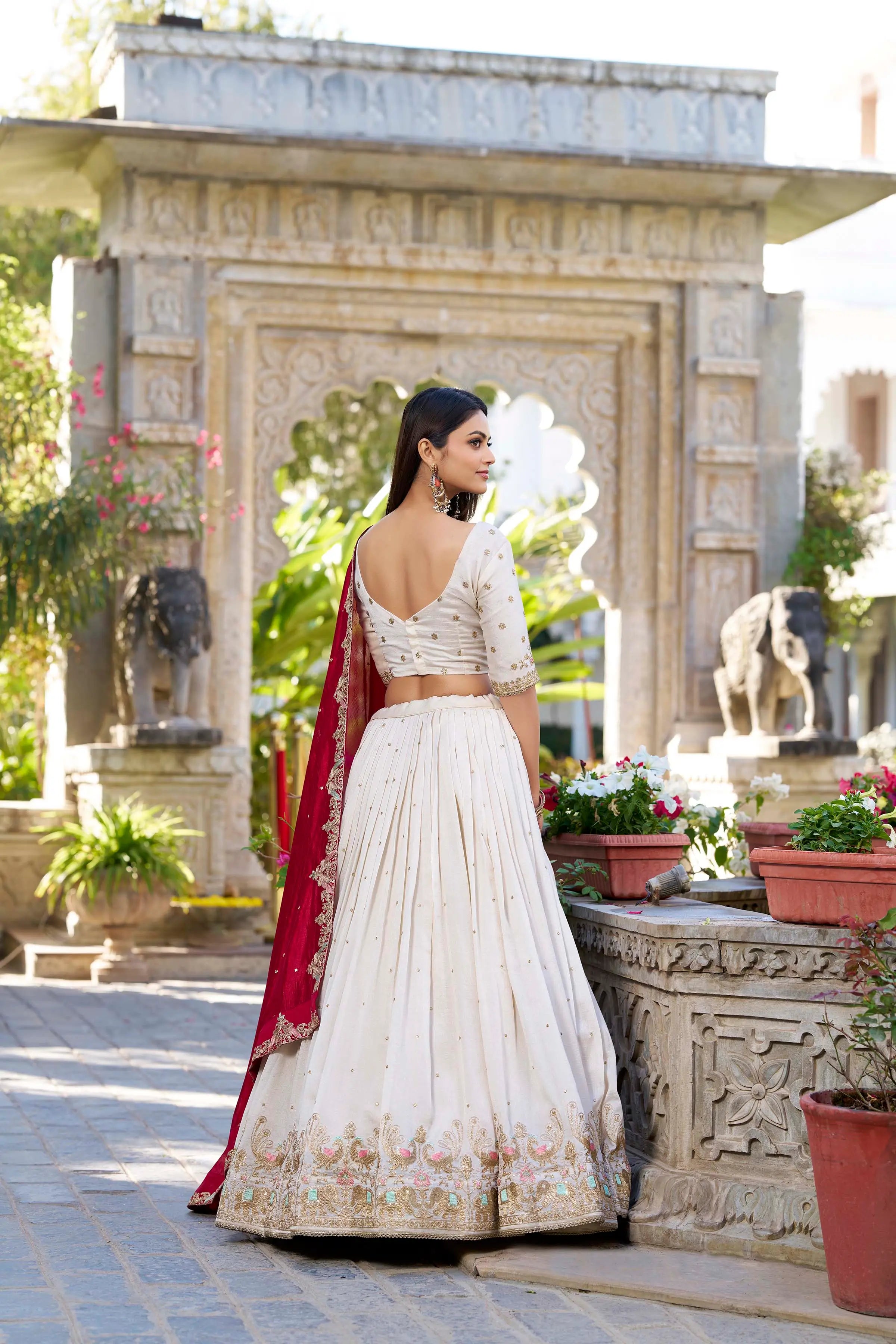 Off White Vichitra Silk Lehenga Choli Sequins and Thread Embroidery Work | Ready To Wear - qivii