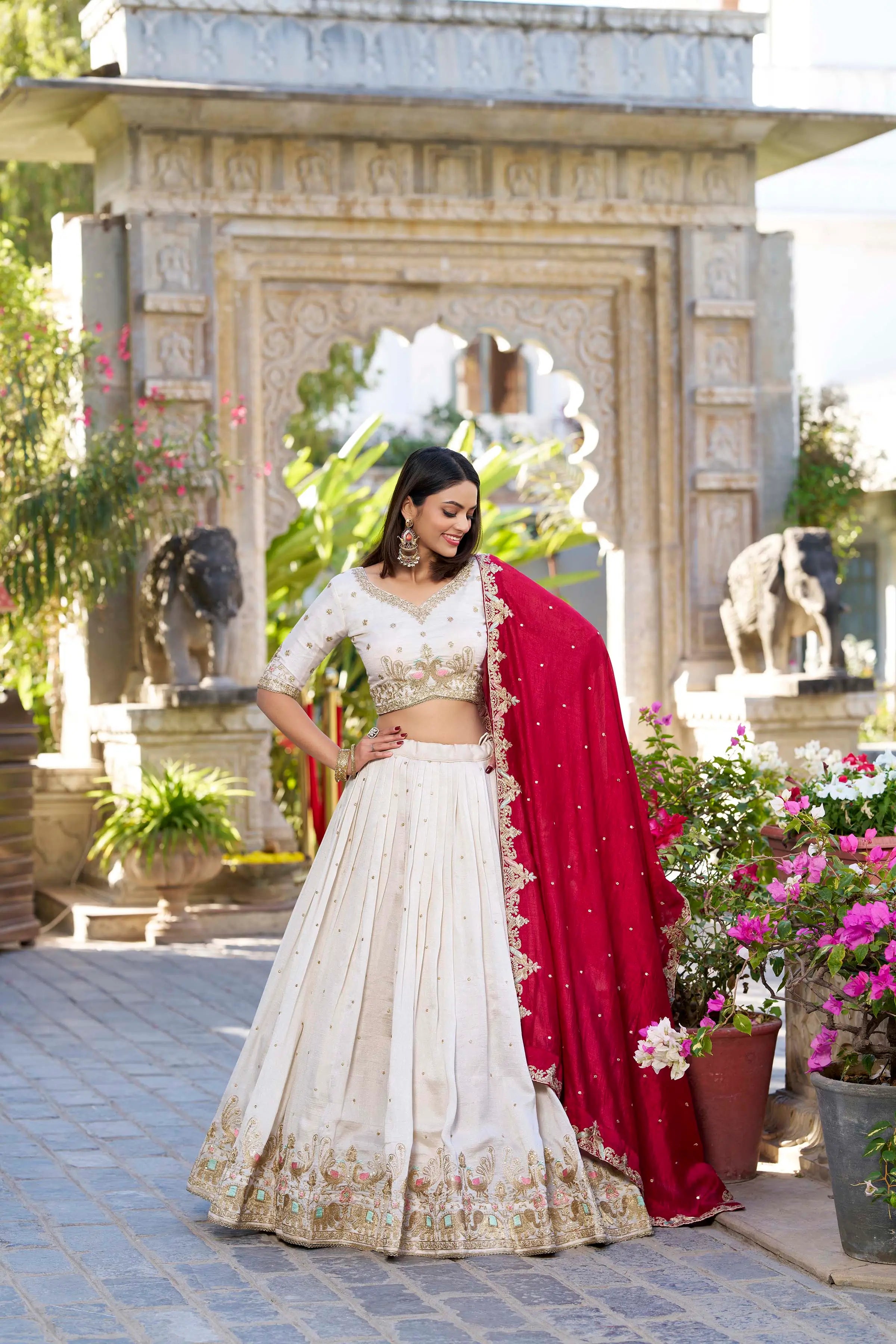 Off White Vichitra Silk Lehenga Choli Sequins and Thread Embroidery Work | Ready To Wear - qivii