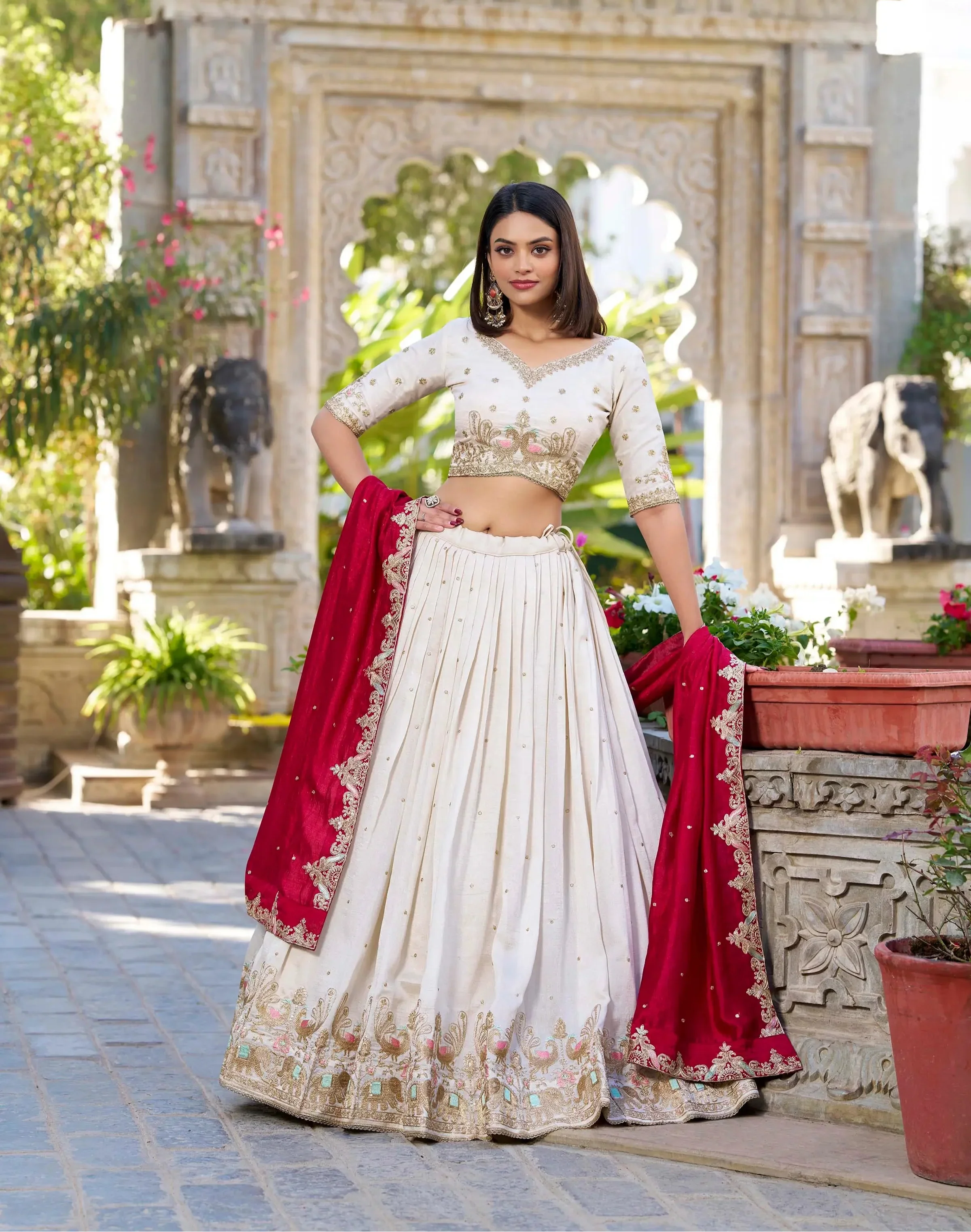 Off White Vichitra Silk Lehenga Choli Sequins and Thread Embroidery Work | Ready To Wear - qivii