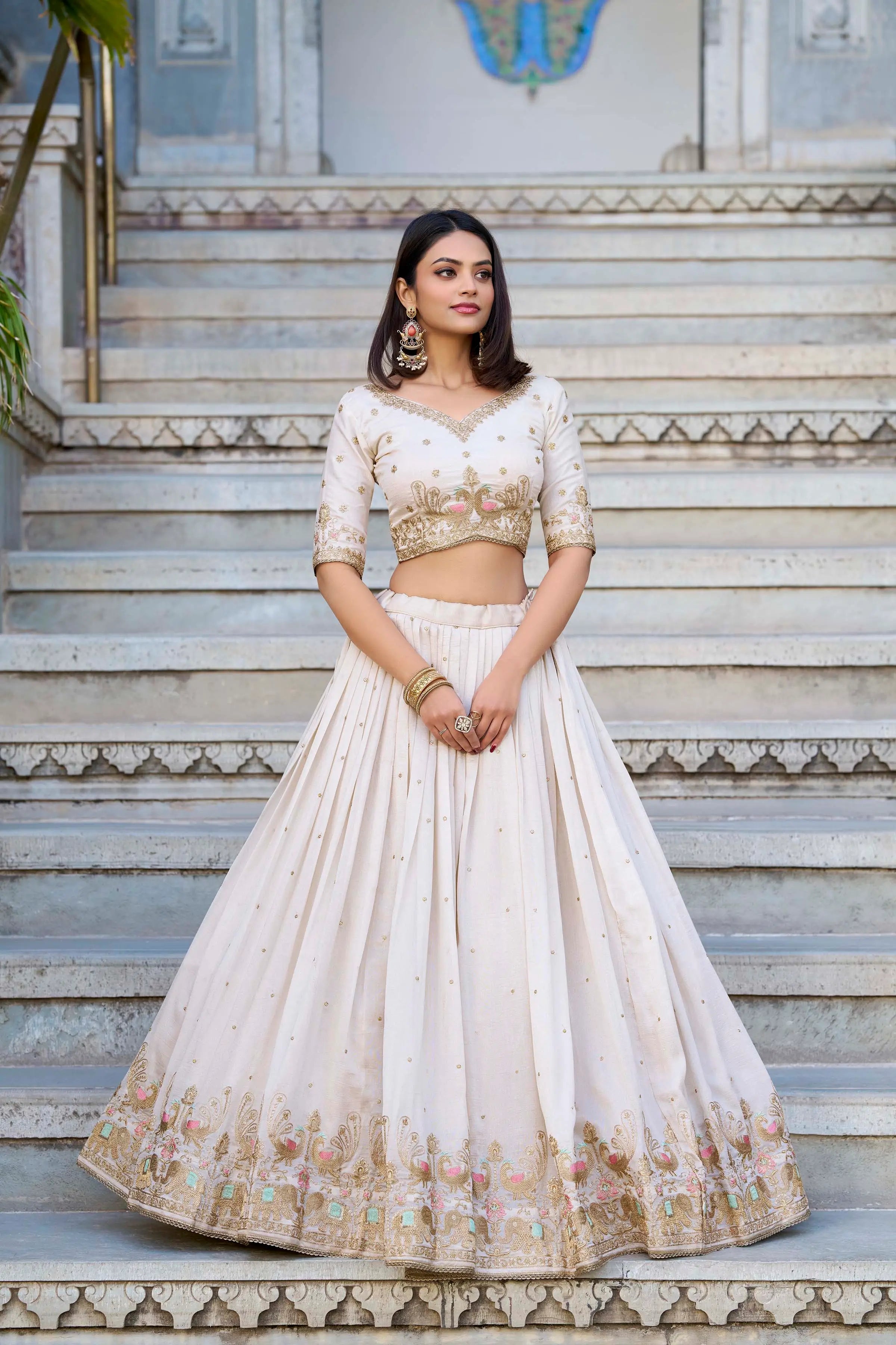 Off White Vichitra Silk Lehenga Choli Sequins and Thread Embroidery Work | Ready To Wear - qivii