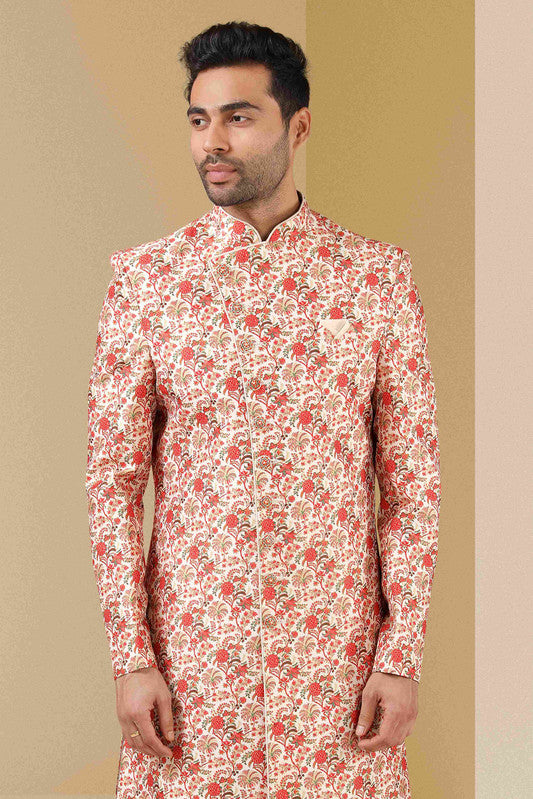 Men's Cream Orange Art Banarasi Digital Printed Sherwani Set