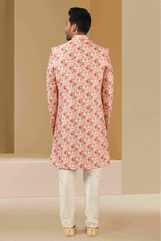 Men's Cream Orange Art Banarasi Digital Printed Sherwani Set